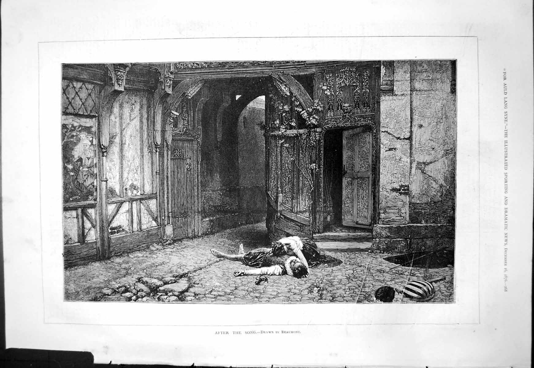 Old Antique Print After The Song Beaumont Lady Lies Dead Sier Sword 1876 19th