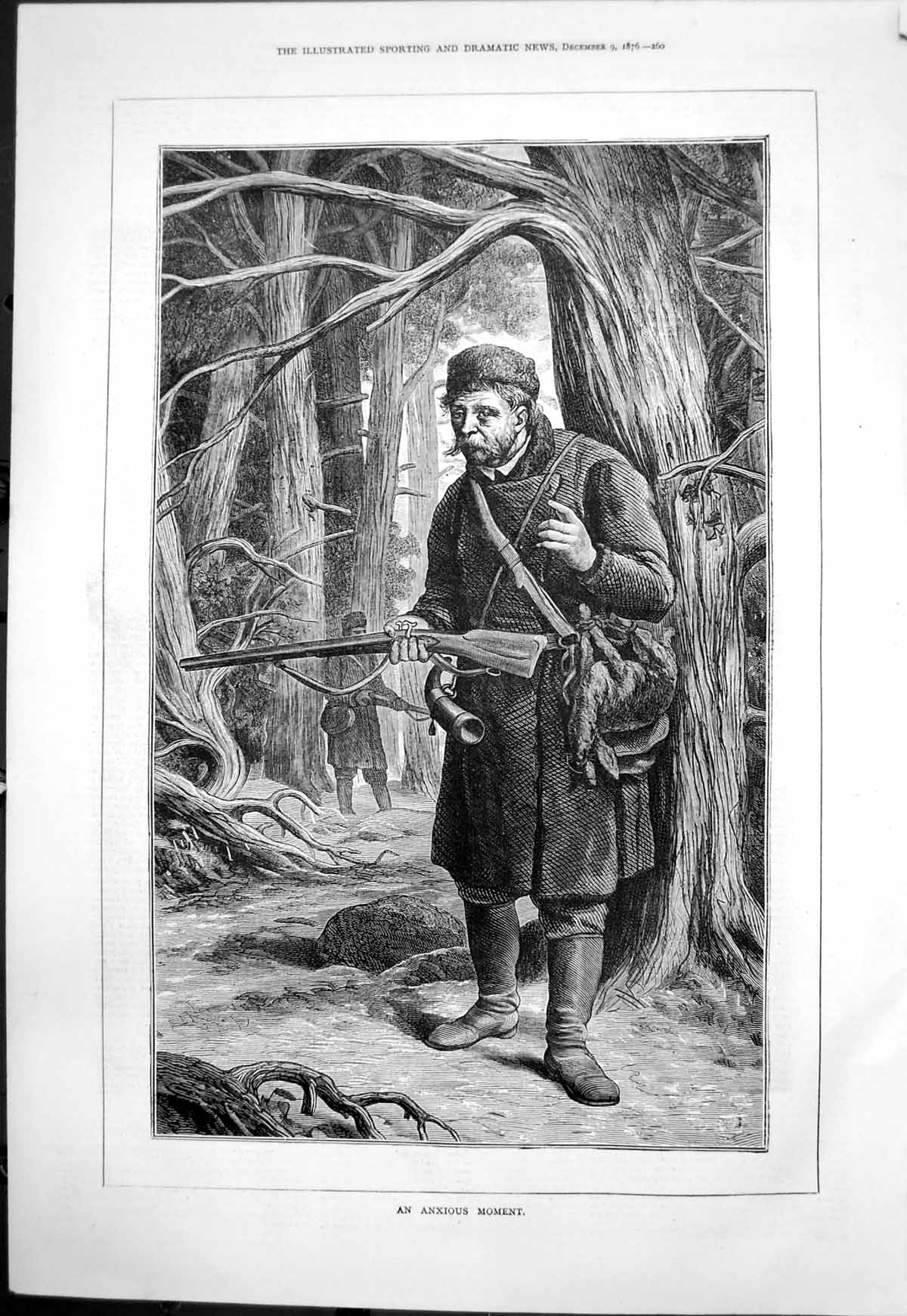 Old Antique Print Anxious Moment Hunter Rifle Dead Rabbit Stops Tree 1876 19th