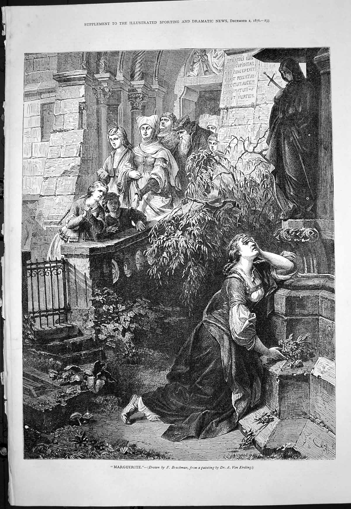 Old Print Marguerite F Bruckman Dr A Von Kreling Lady Kneels Statue 1876 19th