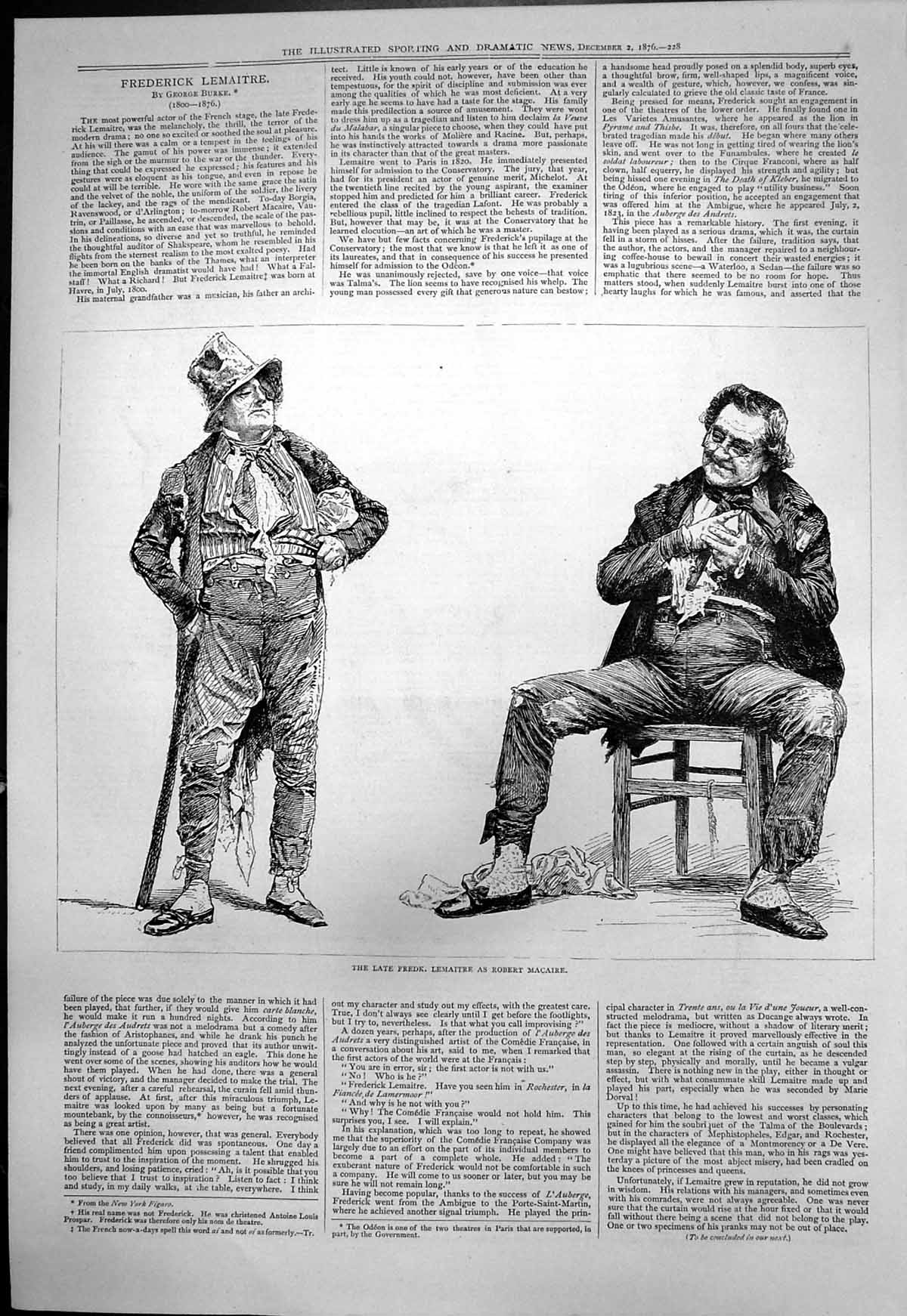 Antique Old Print Late Frederick Lemaitre French Actor Robert Macaire 1876 19th