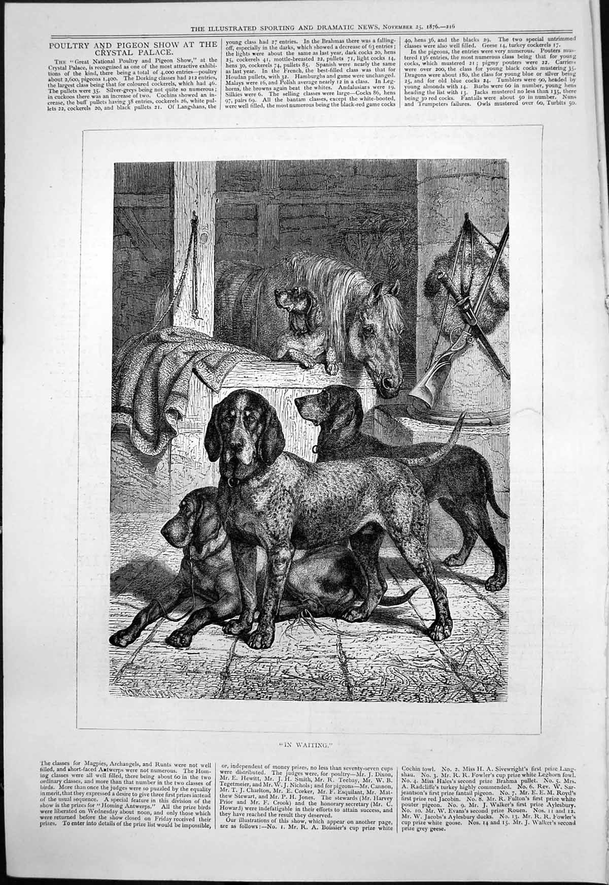 Antique Print In Waiting G Spech Dogs Waiting Go Hunting Horse Stable 1876 19th
