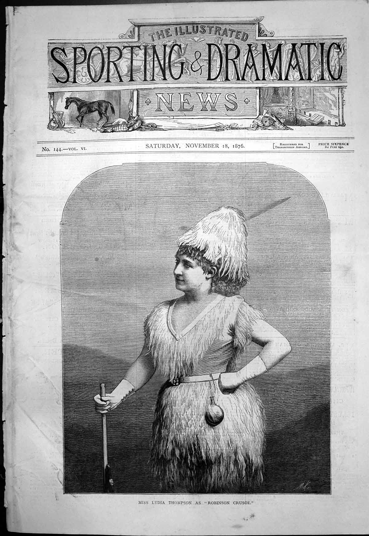 Original Old Antique Print Miss Lydia Thompson As Robinson Crusoe 1876 19th