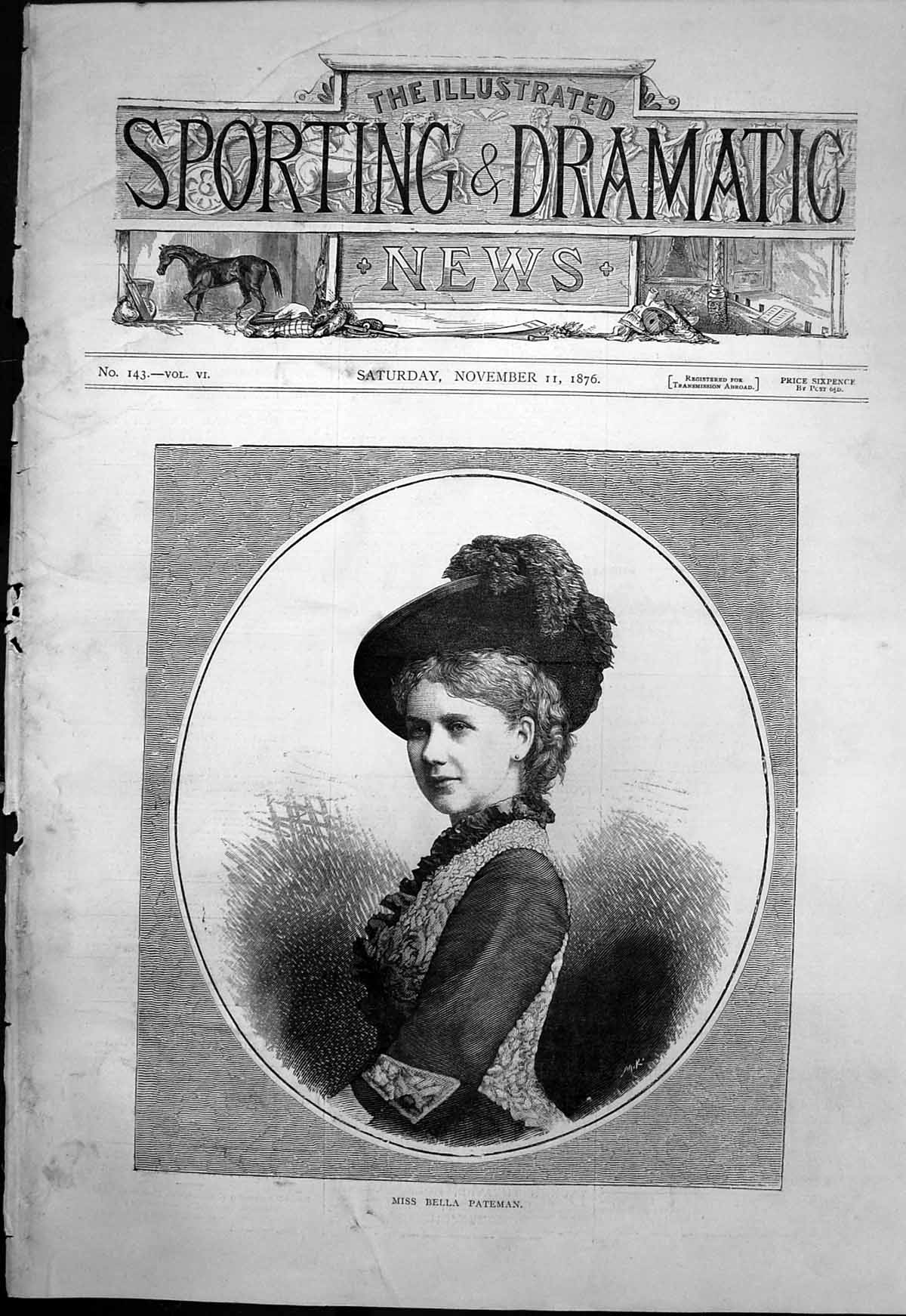 Original Old Antique Print Miss Bella Pateman Young Woman Hat Feathers 1876