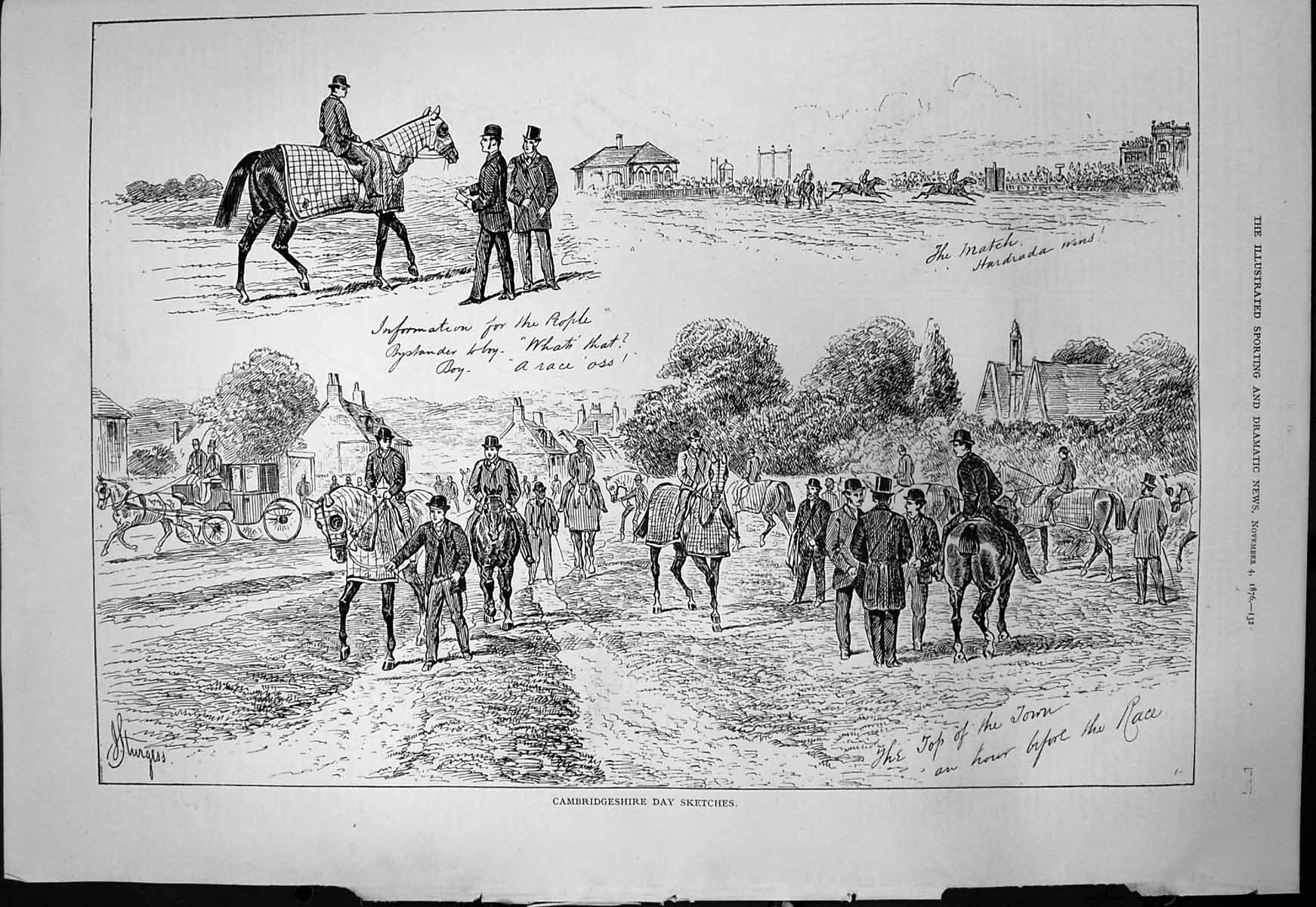 Old Cambridgeshire Day Sketches Race Horse Match Town Before Race1876 Victorian