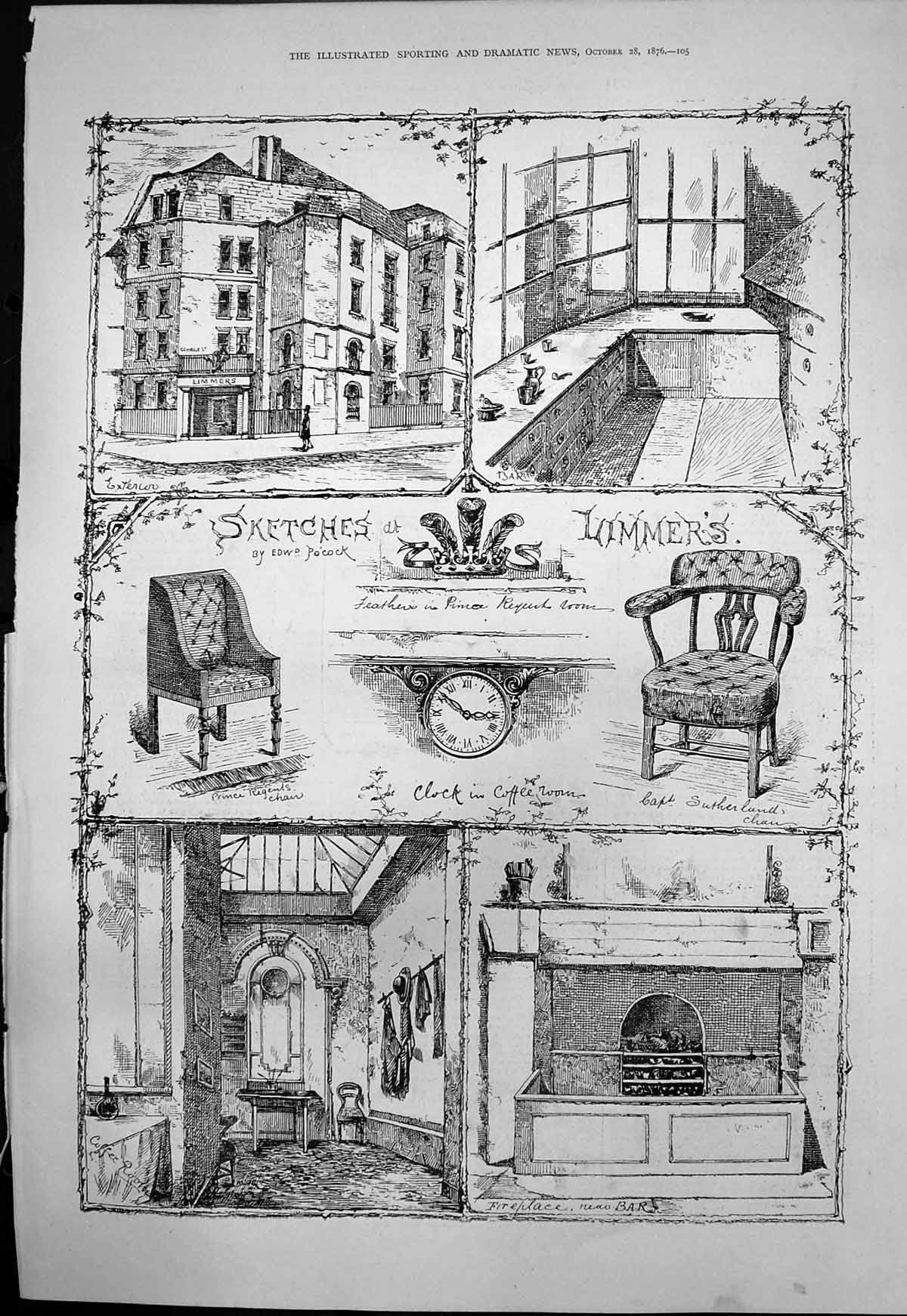 Antique Print Sketches Limmers Edward Pocock Prince Regents Chair Bar 1876 19th