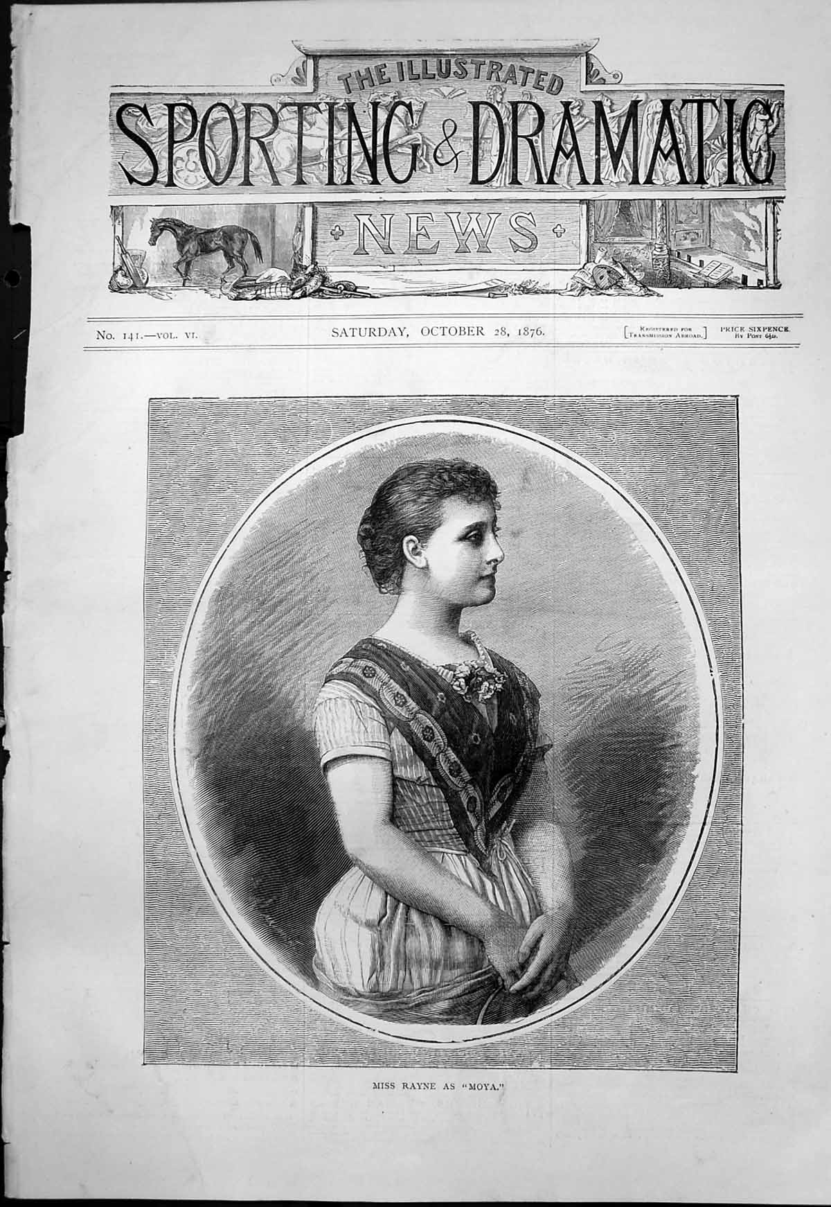 Original Old Antique Print Miss Rayne As Moya Pretty Young Woman Dress 1876