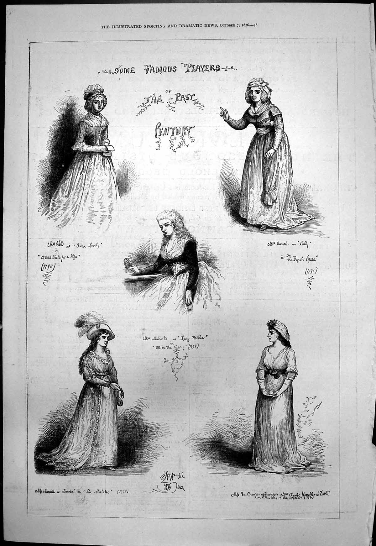 Antique Old Print Famous Players Last Century Mrs Mattocks Lady Restless 1876