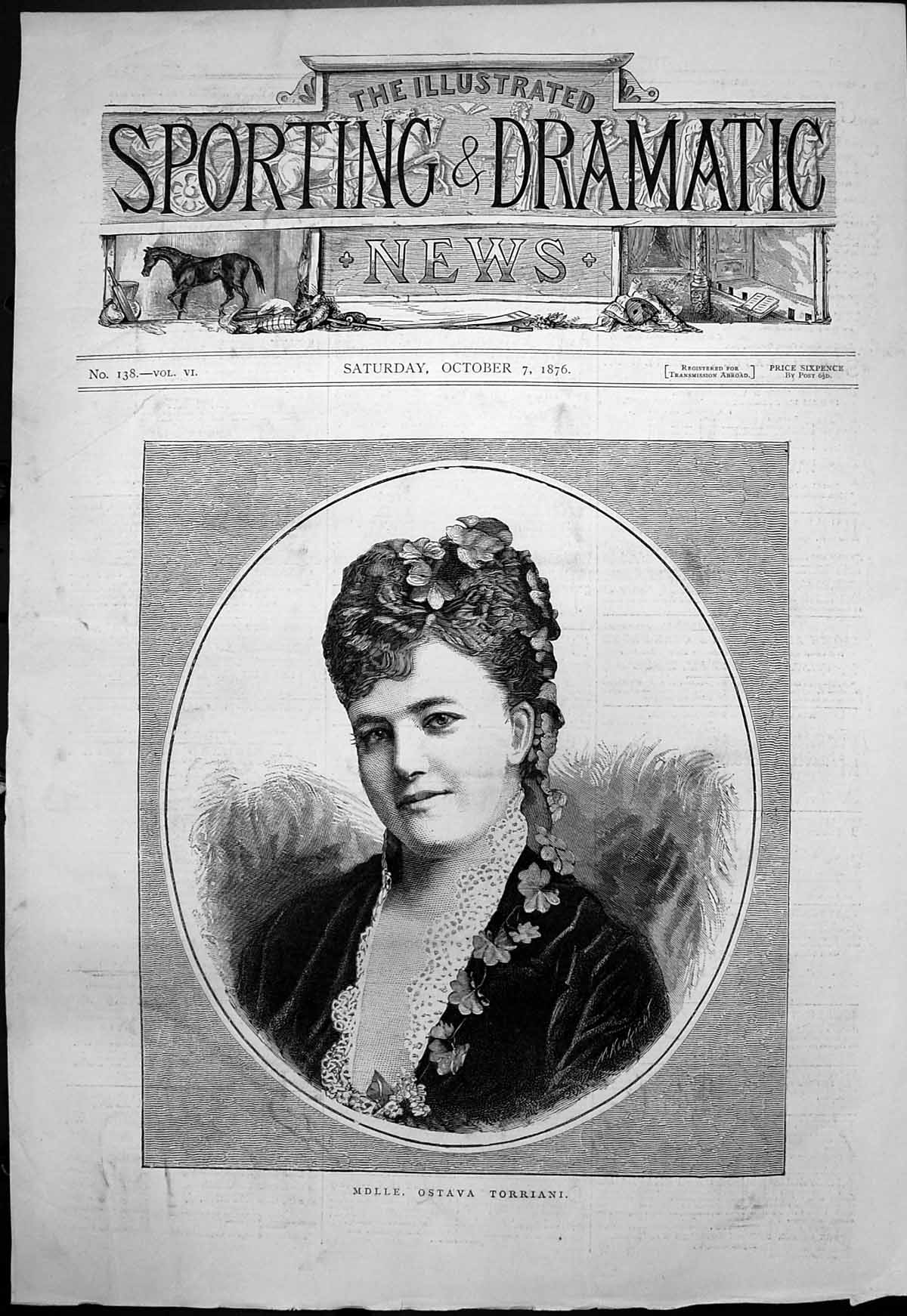 Old Print Mdlle Ostava Torriani Pretty Young Woman Flowers Hair Neck 1876 19th