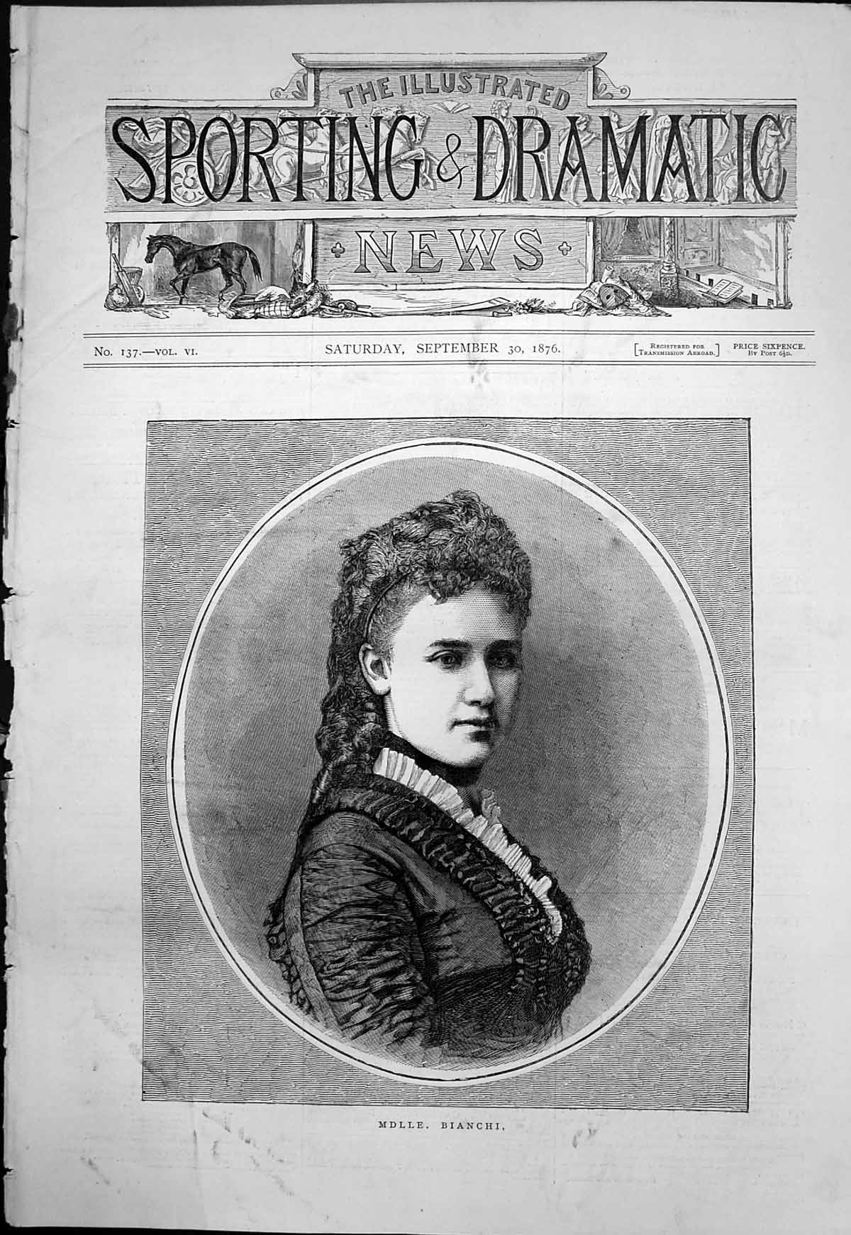 Antique Old Print Mdlle Bianchi Woman Long Curly Hair Hairband Necklet 1876