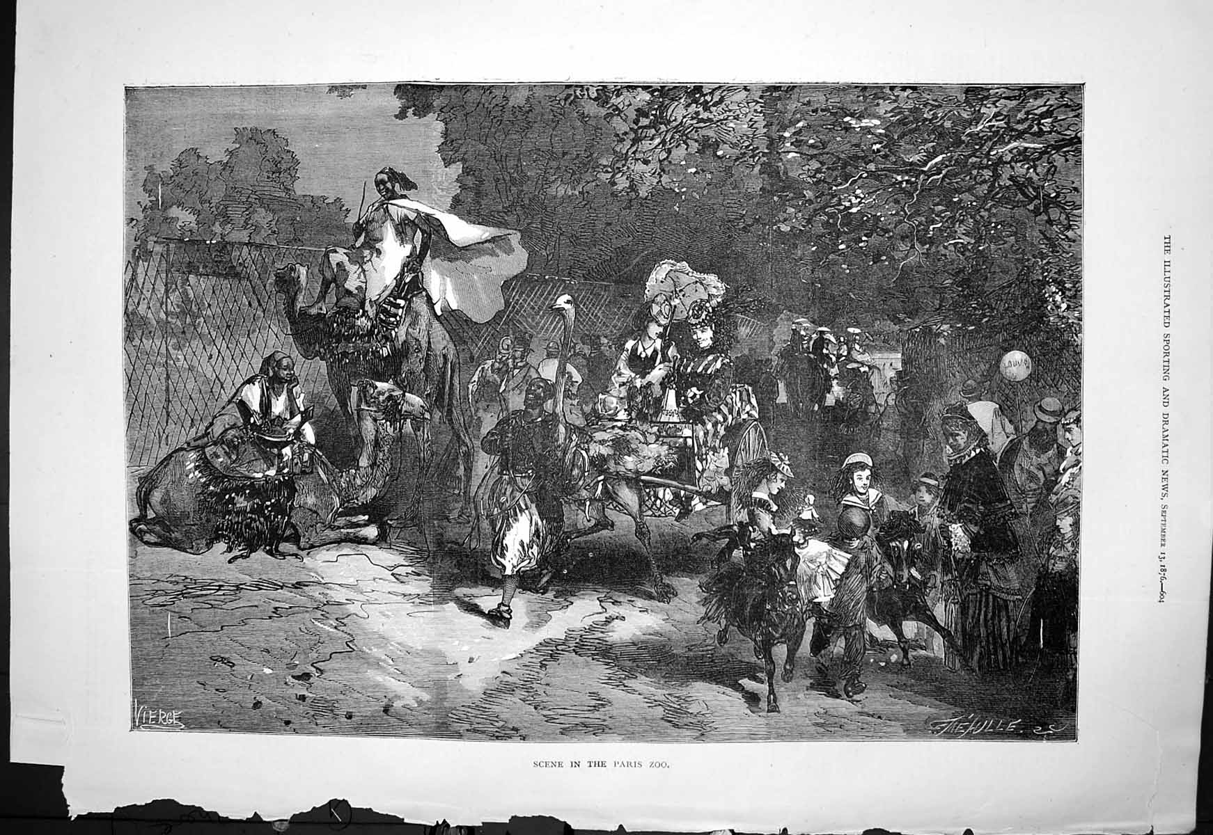 Antique Old Print Scene Paris Zoo Vierge Visitors Camels Ostrich Ponies 1876
