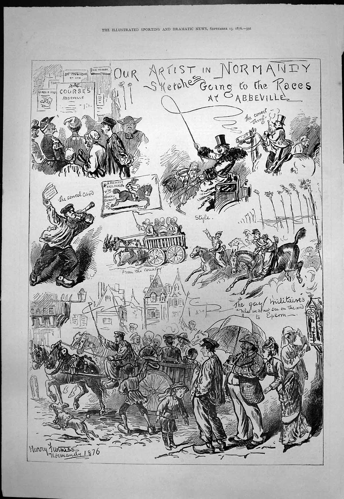 Antique Old Print Sketches Normandy Going Races Abbeville Harry Furniss 1876