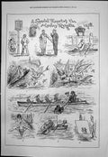 Old Sketches Henley Regatta Thames Scares Ducks Falls Overboard 1876 Victorian