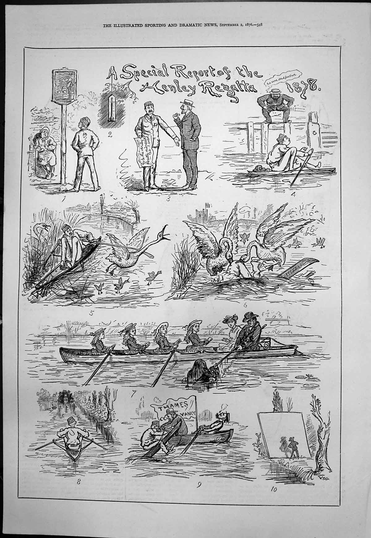 Old Sketches Henley Regatta Thames Scares Ducks Falls Overboard 1876 Victorian