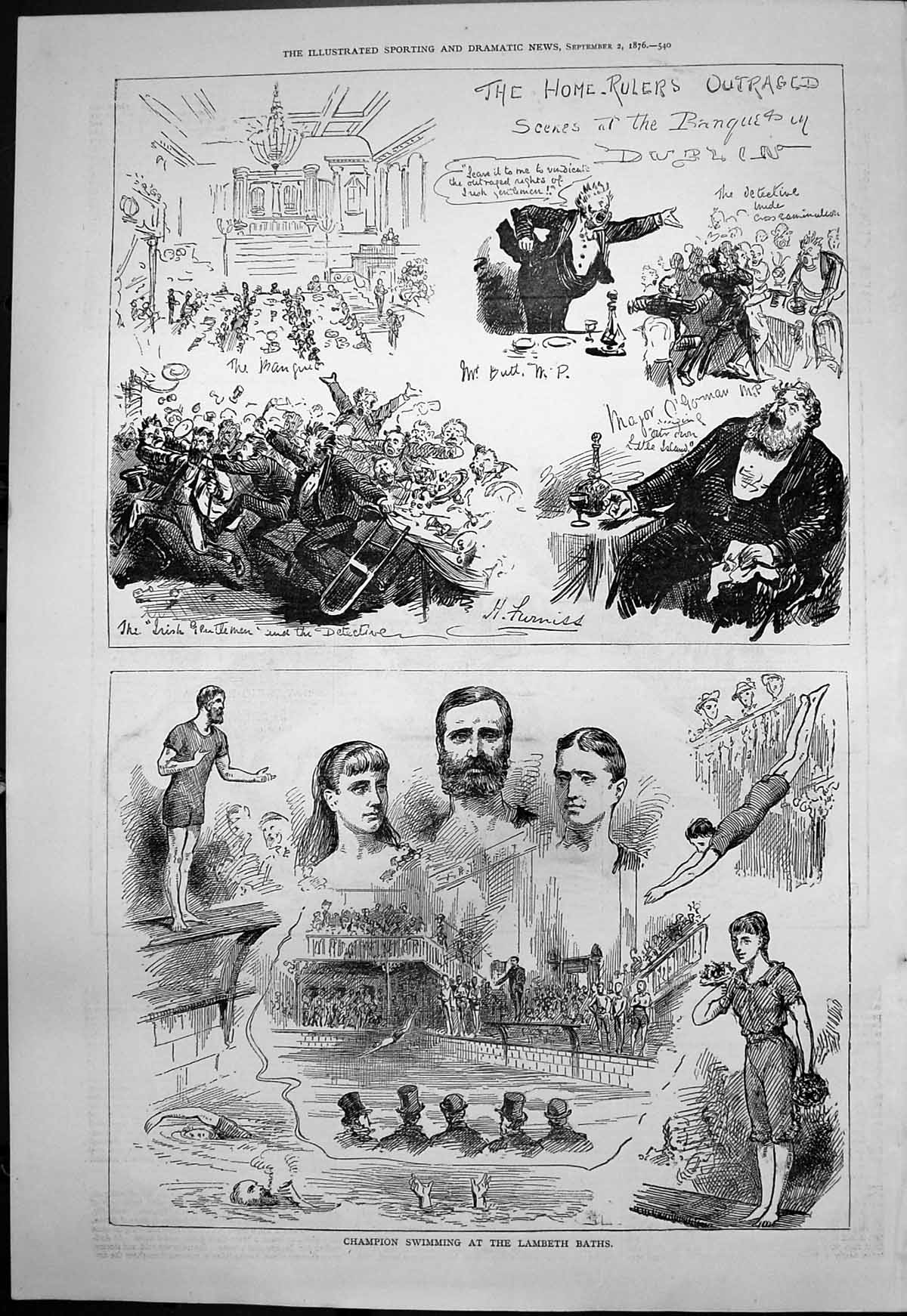Old Print Champion Swimming Lambeth Baths Home Rulers Banquet Dublin 1876 19th