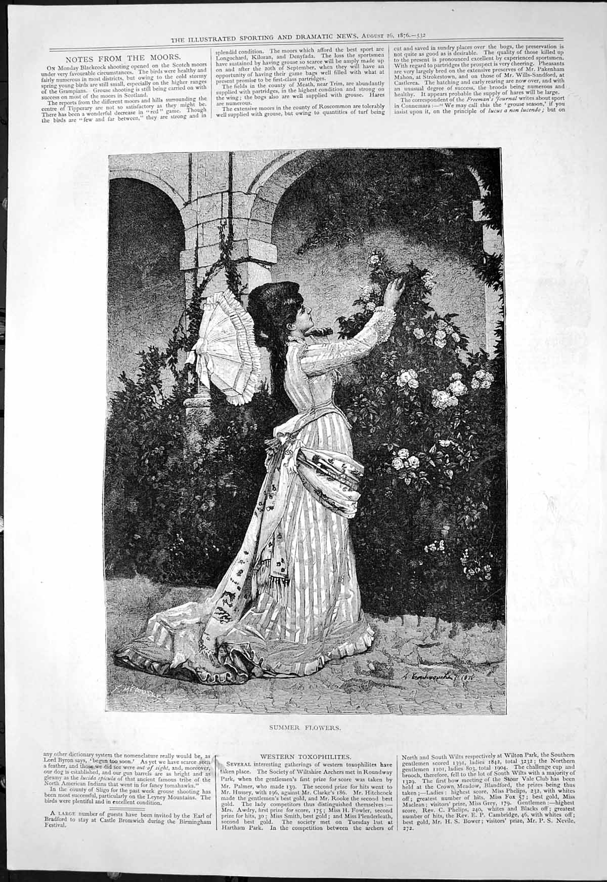 Old Summer Flowers F Meaulle Lady Long Dress Parasol Picks Roses 1876 Victorian