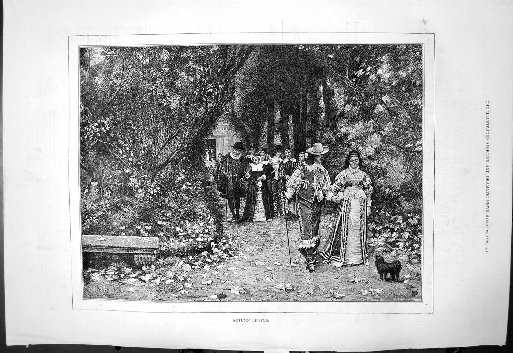 Antique Old Print Autumn Leaves People Costumes Walking Through Trees 1876 19th