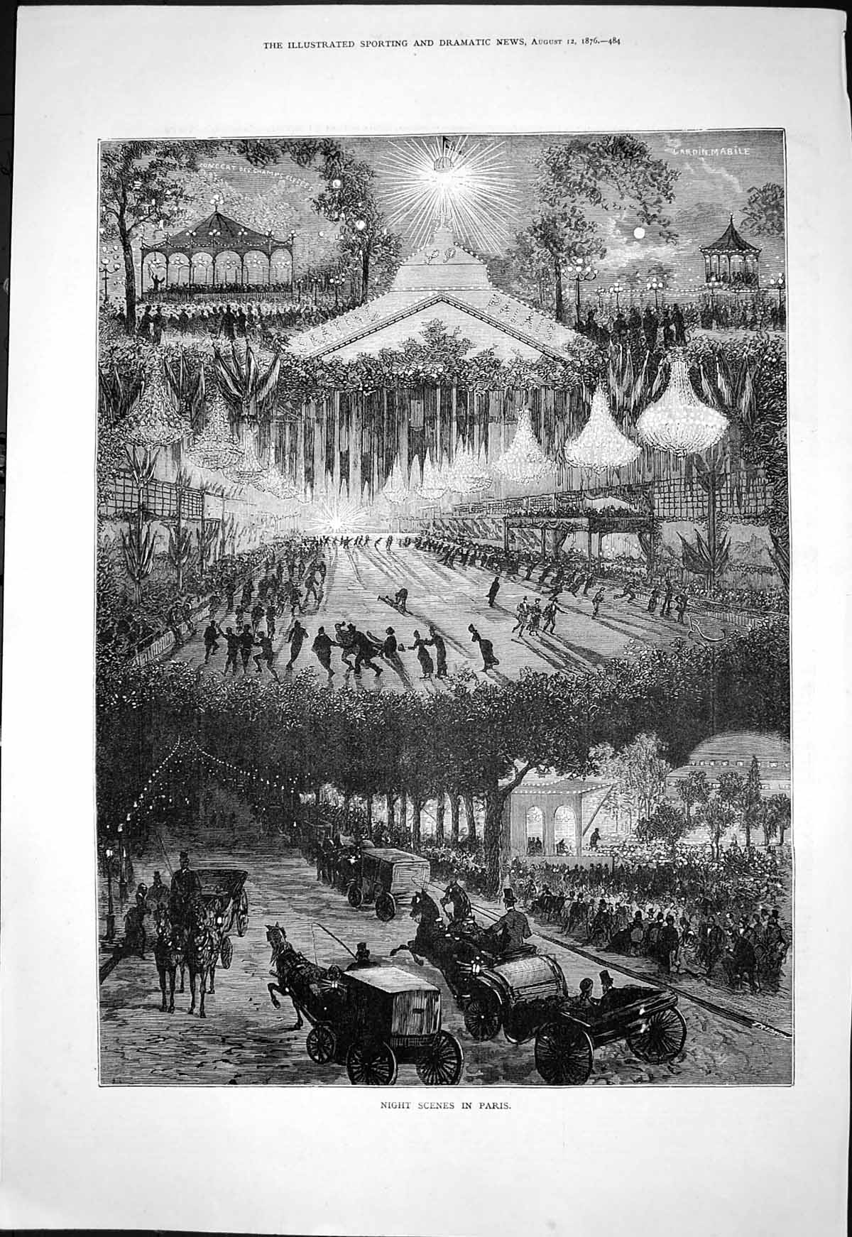 Old Night Scenes Paris Illuminated Open Air Concert Skating Rink 1876 Victorian