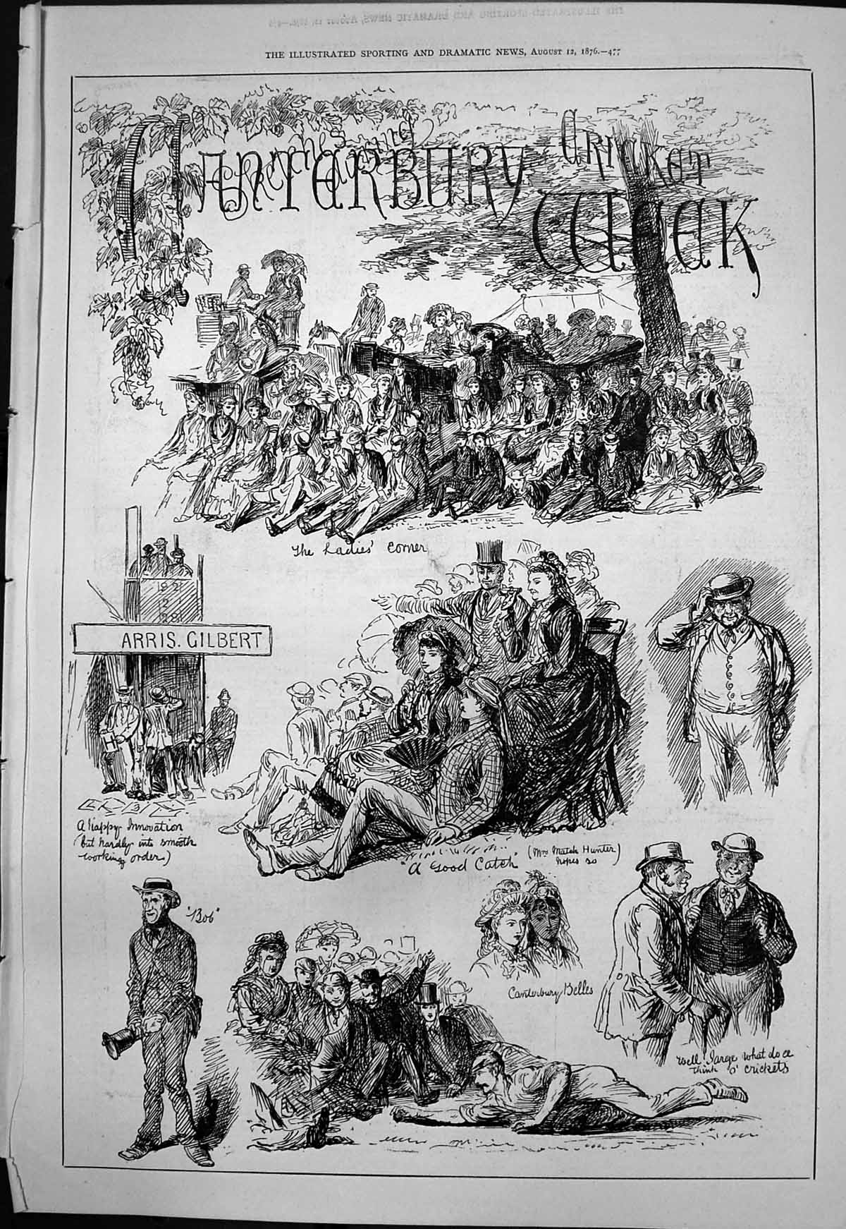 Antique Old Print Canterbury Cricket Week Ladies Corner Arris Gilbert 1876 19th