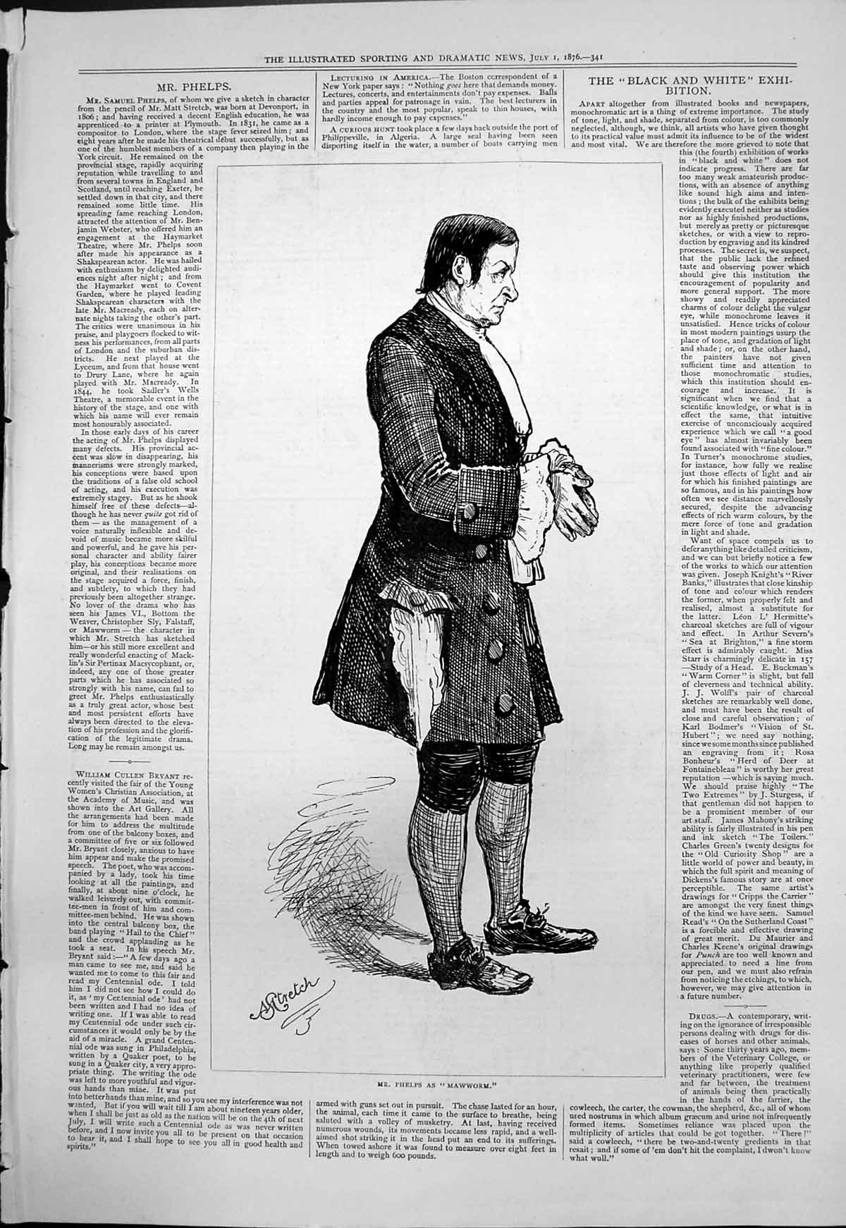 Original Old Antique Print Samuel Phelps Mawworm A Stretch Player Theatre 1876