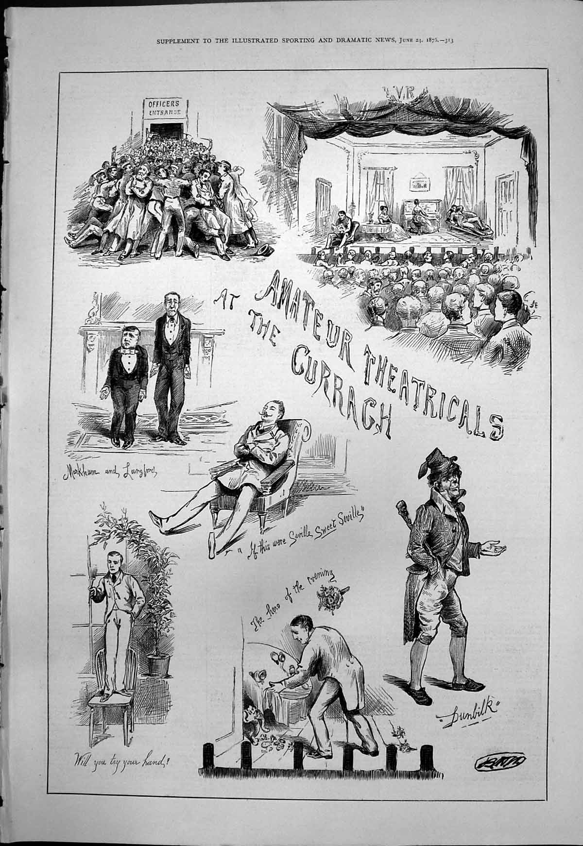Antique Old Print Amateur Theatricals Currach Markham Langford Entrance 1876