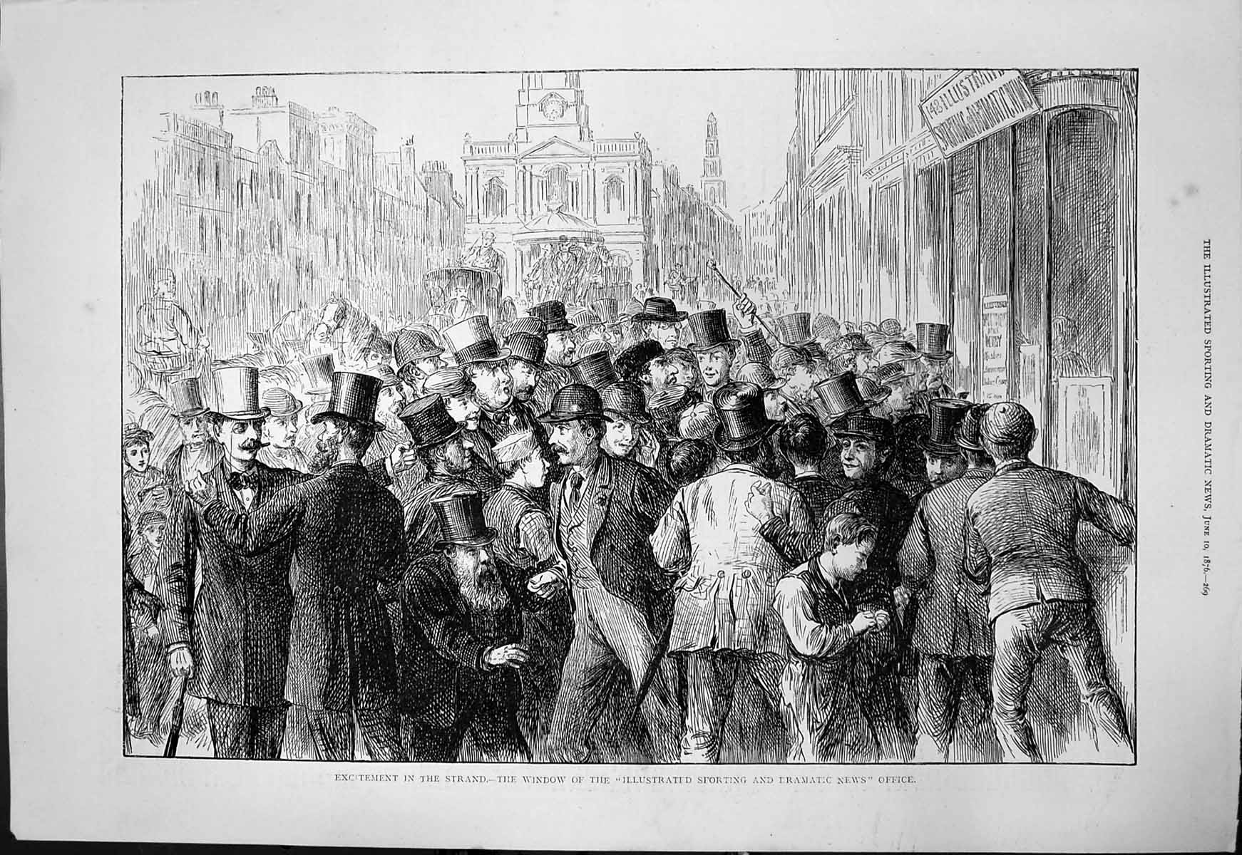 Antique Old Print Excitement Strand Window Sporting Dramatic News Office 1876