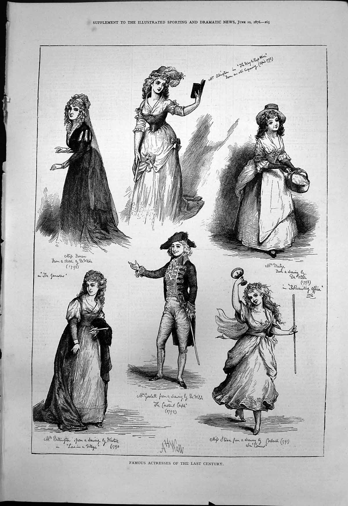Antique Old Print Famous Actresses Last Century Mrs Martyr Mrs Goodall 1876