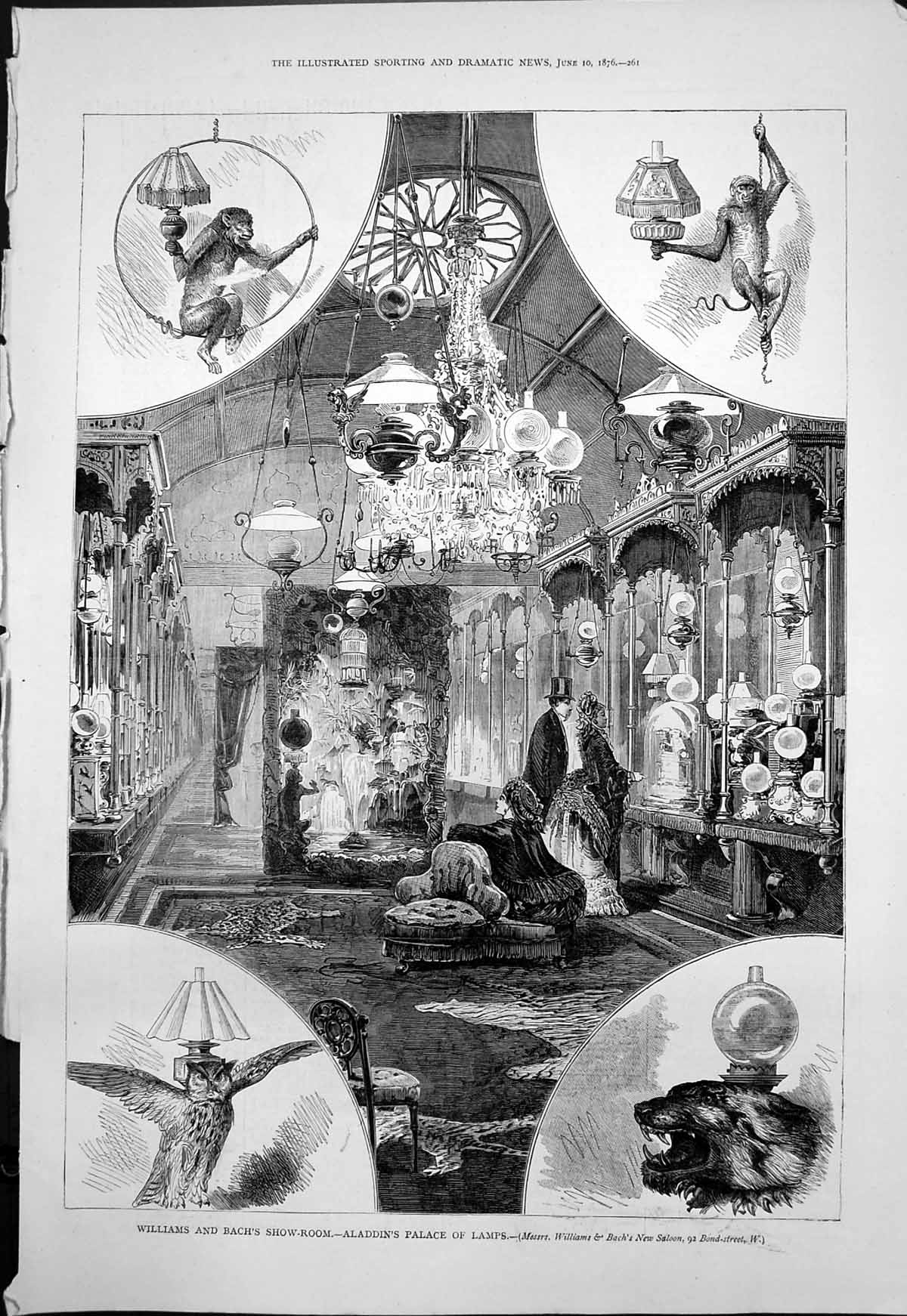 Old Antique Print Williams Bachs Show Room Bond Street Palace Lamps 1876 19th