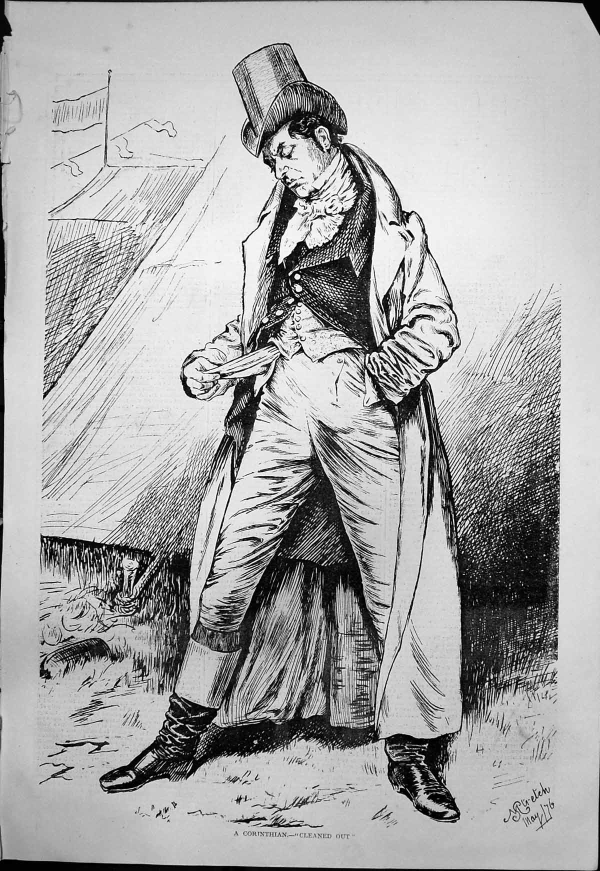 Old Print Corinthian Cleaned Out A Stretch Man Opening Empty Pockets 1876 19th