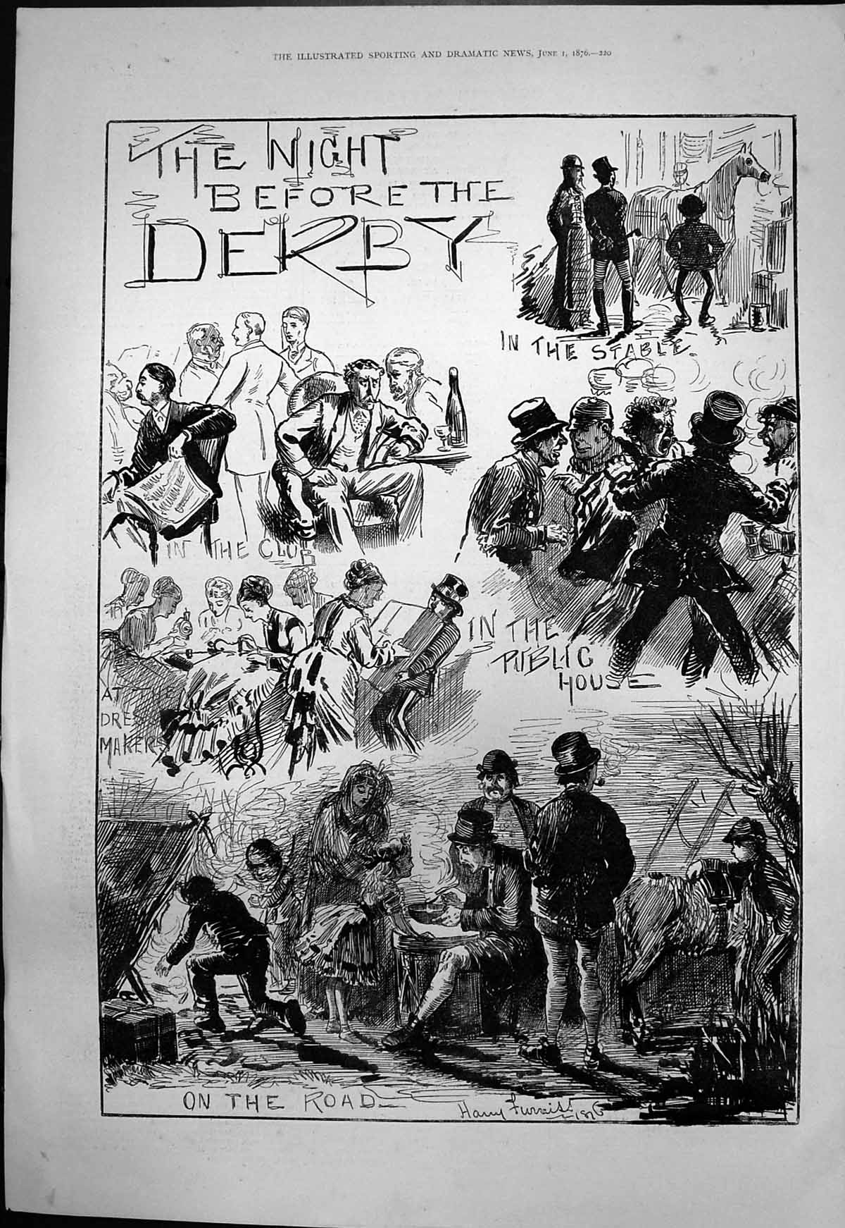Antique Print Night Before Derby Stable Club Dressmakers Public House 1876 19th
