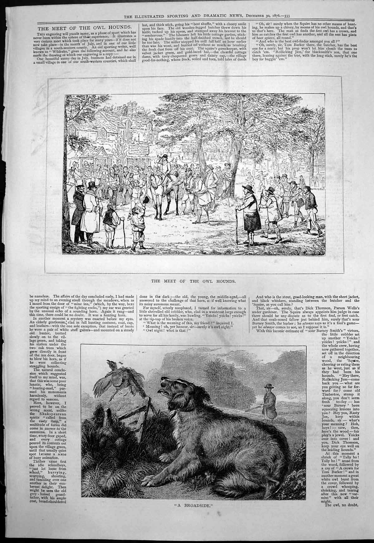 Antique Old Print Meet Owl Hounds Broadside Man Hunting Rifle Dog Bird 1876