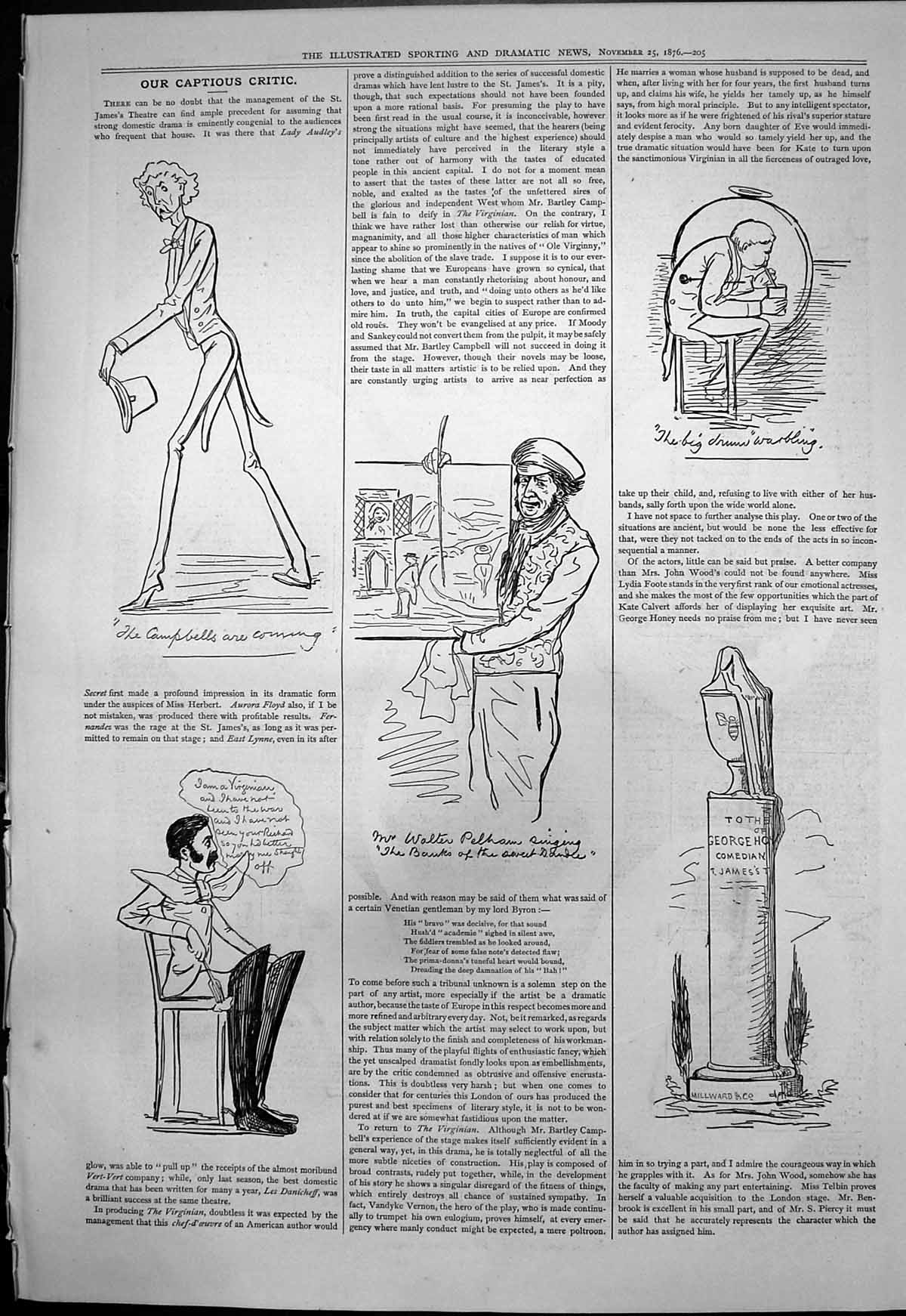 Old Print Captious Critic Lady Audleys Secret Walter Pelham Singing 1876 19th