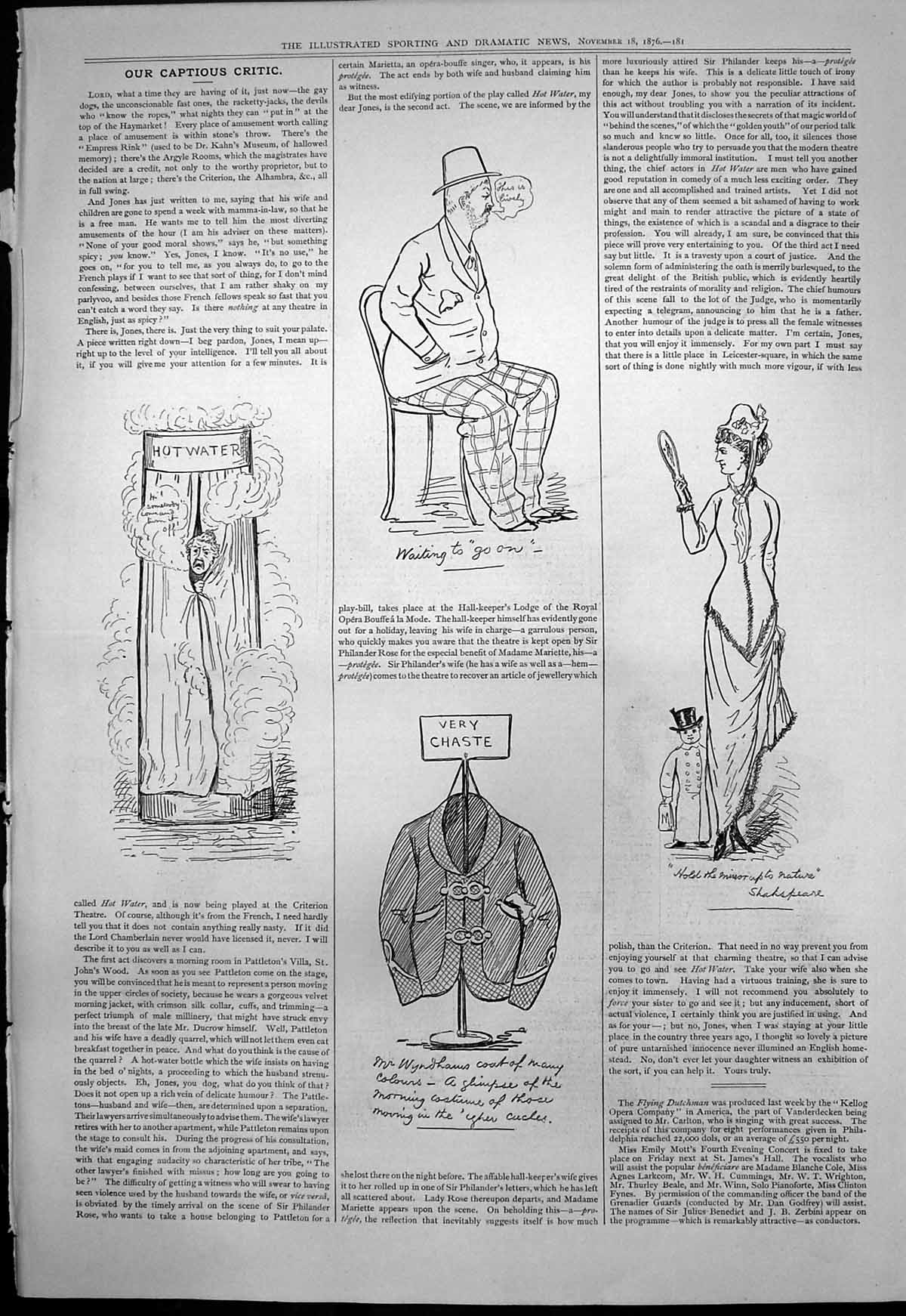Antique Old Print Captious Critic Theatre Waiting Go On Mr Wyndhams Coat 1876