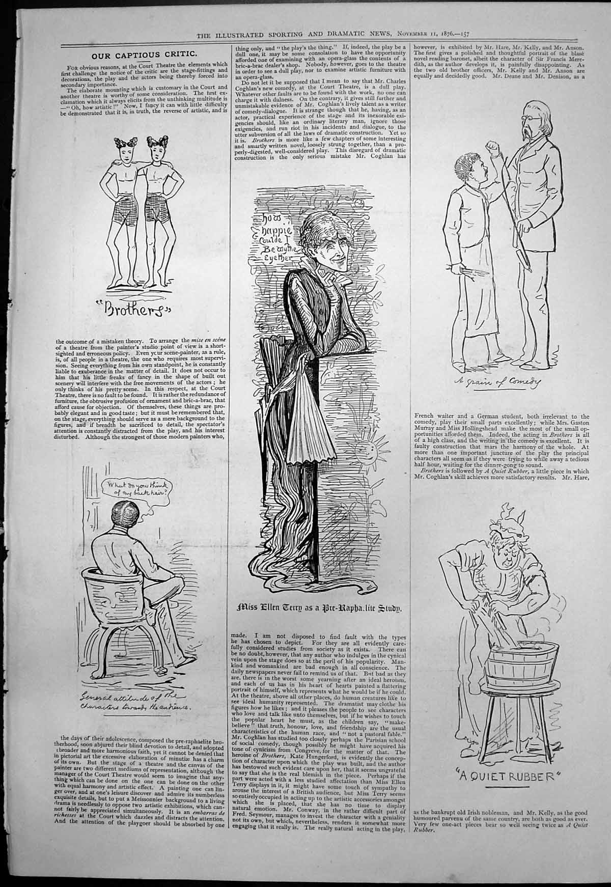 Antique Print Captious Critic Court Theatre Brothers Miss Ellen Terry 1876 19th