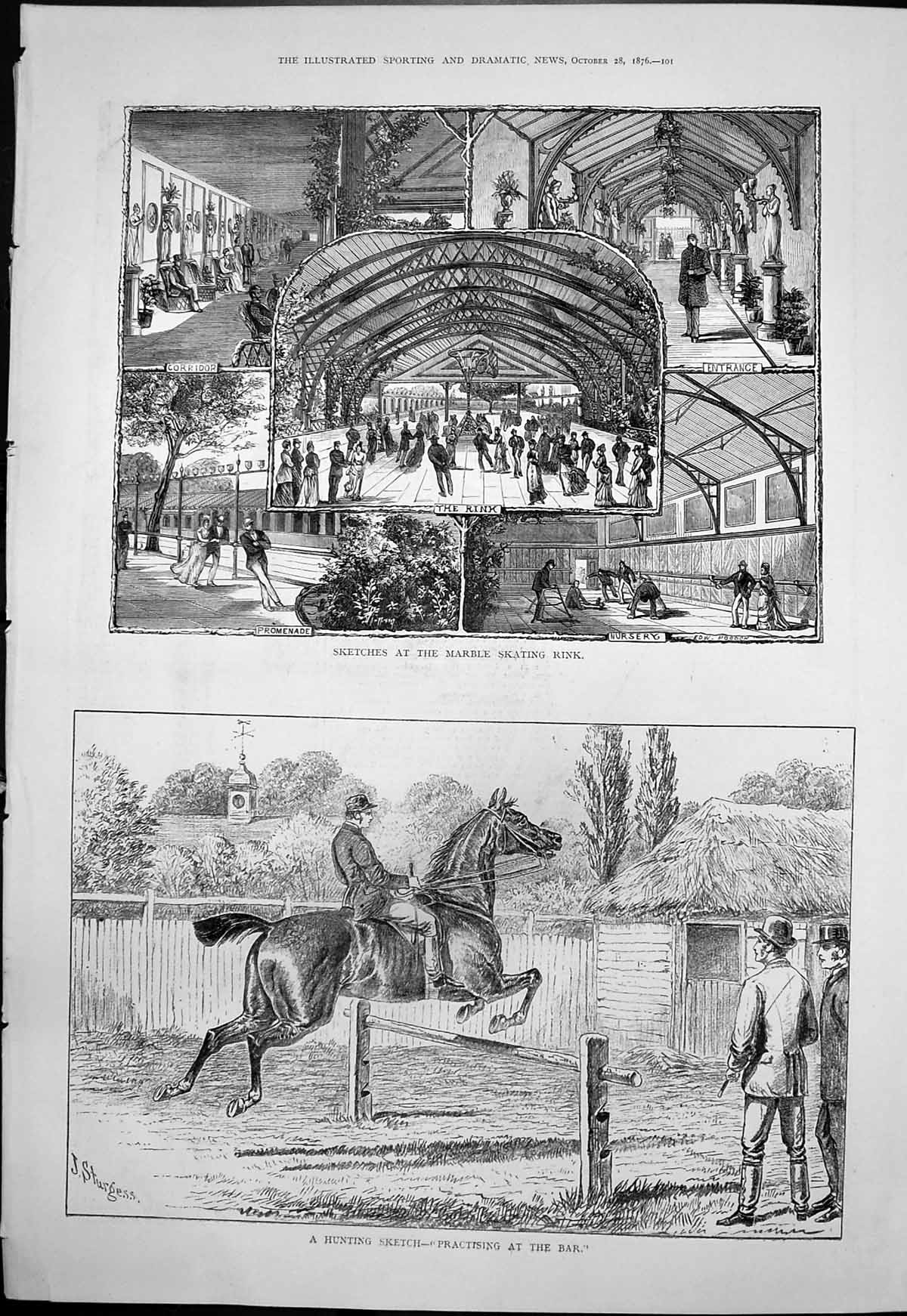 Old Print Sketches Marble Skating Rink Hunting Sketch Practising Bar 1876 19th