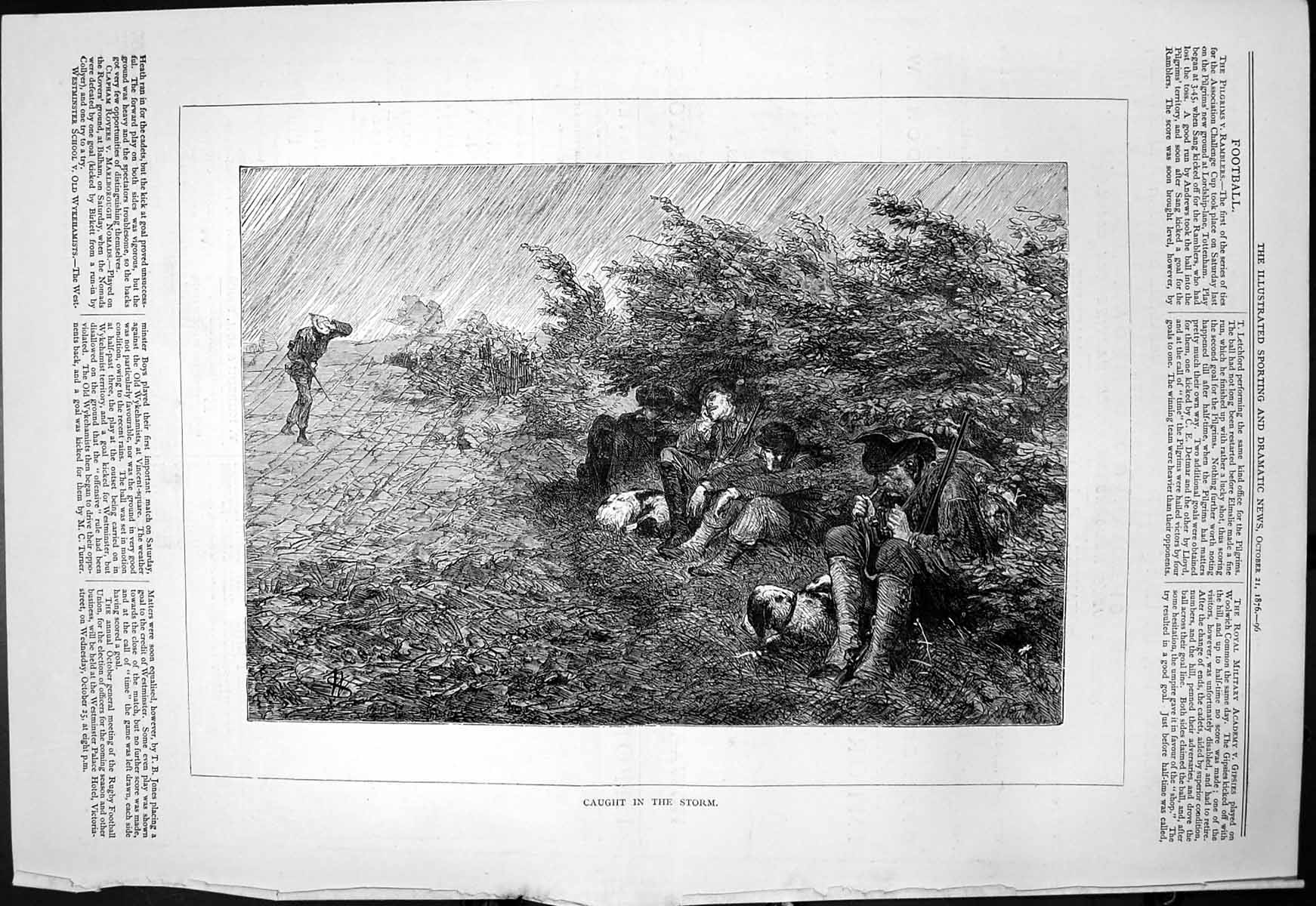 Original Old Antique Print Caught Storm Hunters Rifles Dogs Shelter Bushes 1876