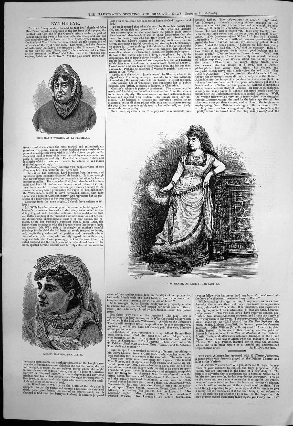 Old Print By The Bye Mdlle Malvina Bartolitti Jane Short La Frochard 1876 19th