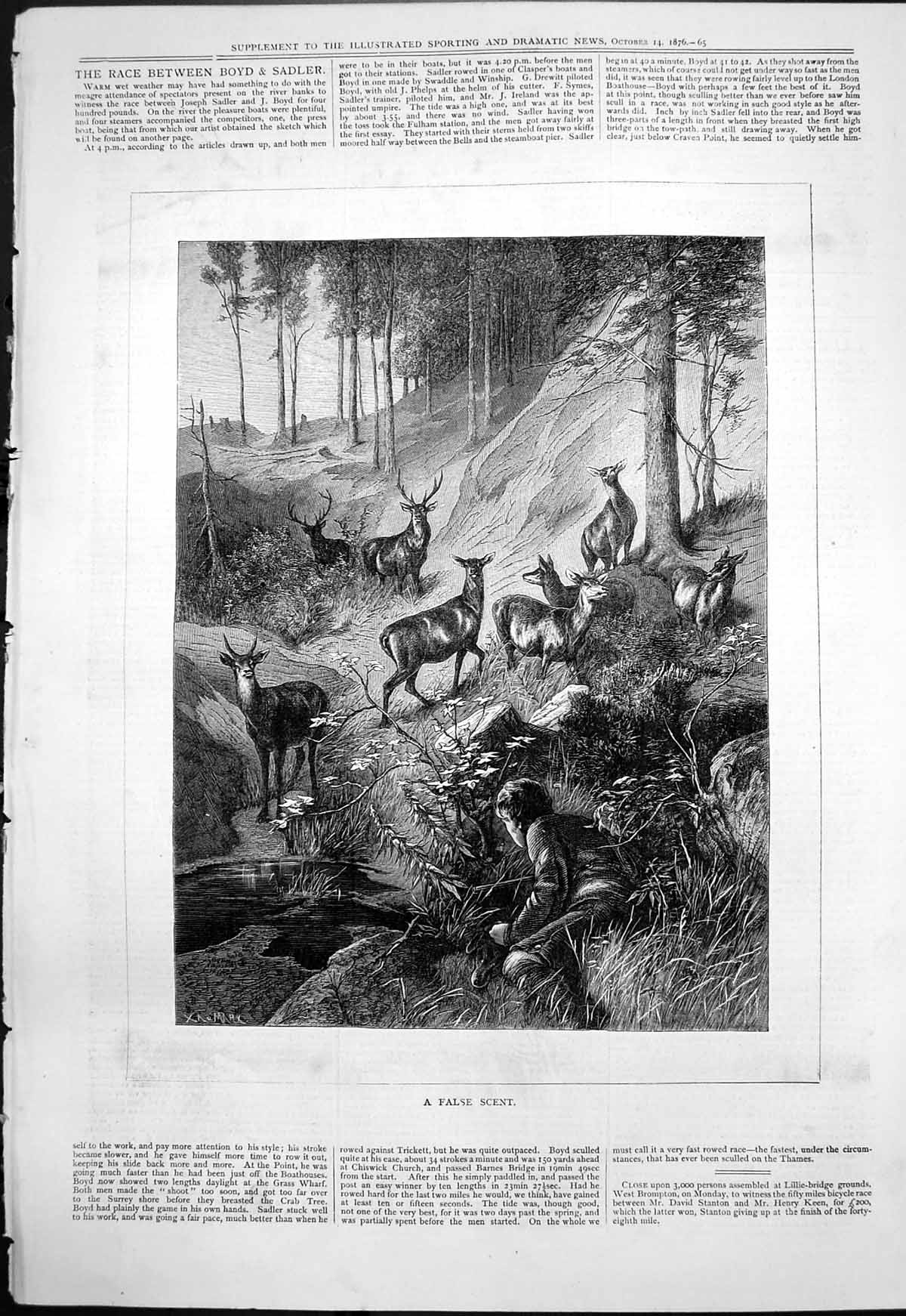 Antique Old Print False Scent Boy Rifle Deer Stags Woods Beside Water 1876 19th