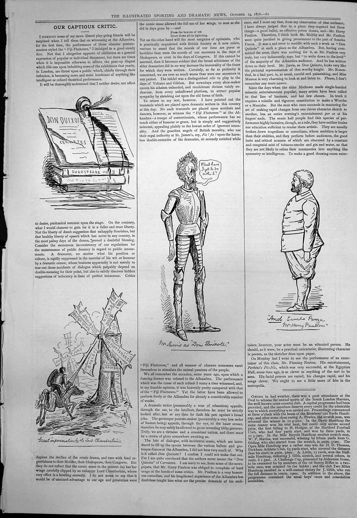 Antique Old Print Captious Critic Don Quixote Mr Jarvis Lord Chamberlain 1876