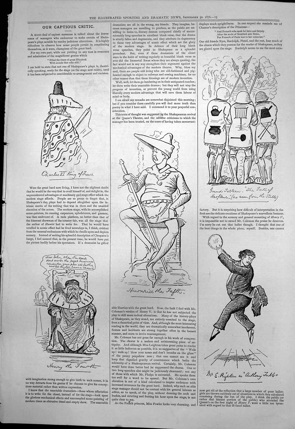 Antique Old Print Captious Critic Shakespeares Charles Vi Henry Fourth 1876