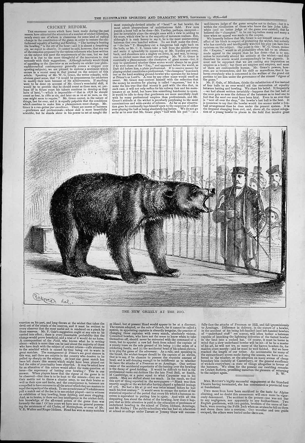 Antique Old Print New Grizzly Zoo Rh Moore Bear Growling Spectators Cage 1876