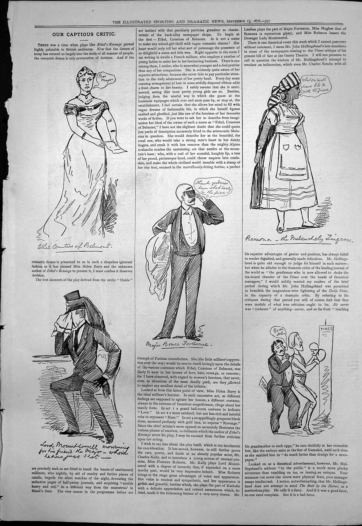 Old Print Captious Critic Play Ethels Revenge Major Bruce Fortescue 1876 19th