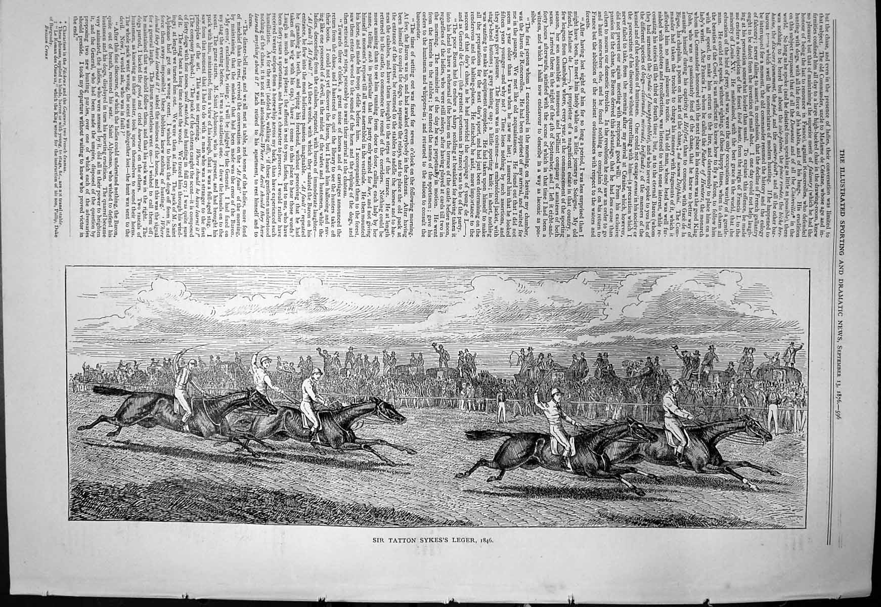 Antique Old Print Sir Tatton Sykess Leger 1846 Race Horses Spectators 1876 19th