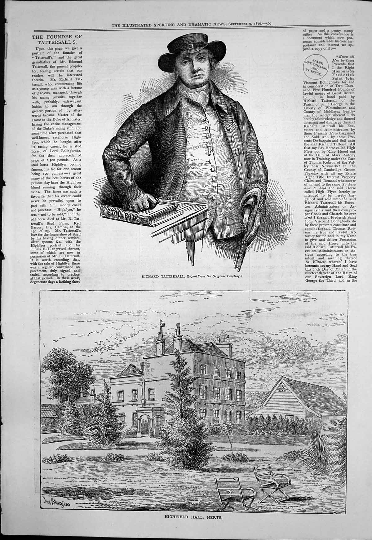 Old Antique Print Richard Tattersall Stud Book Highfield Hall Herts 1876 19th