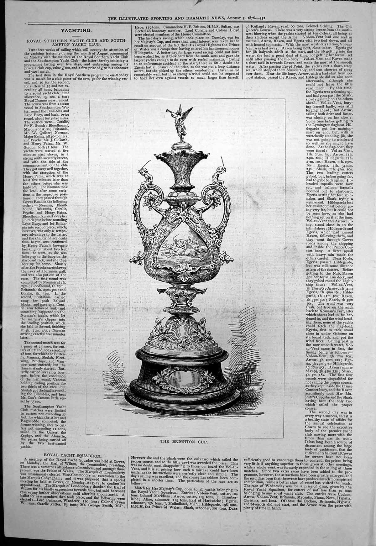 Original Old Antique Print Brighton Cup Awarded Yachting 1876 19th