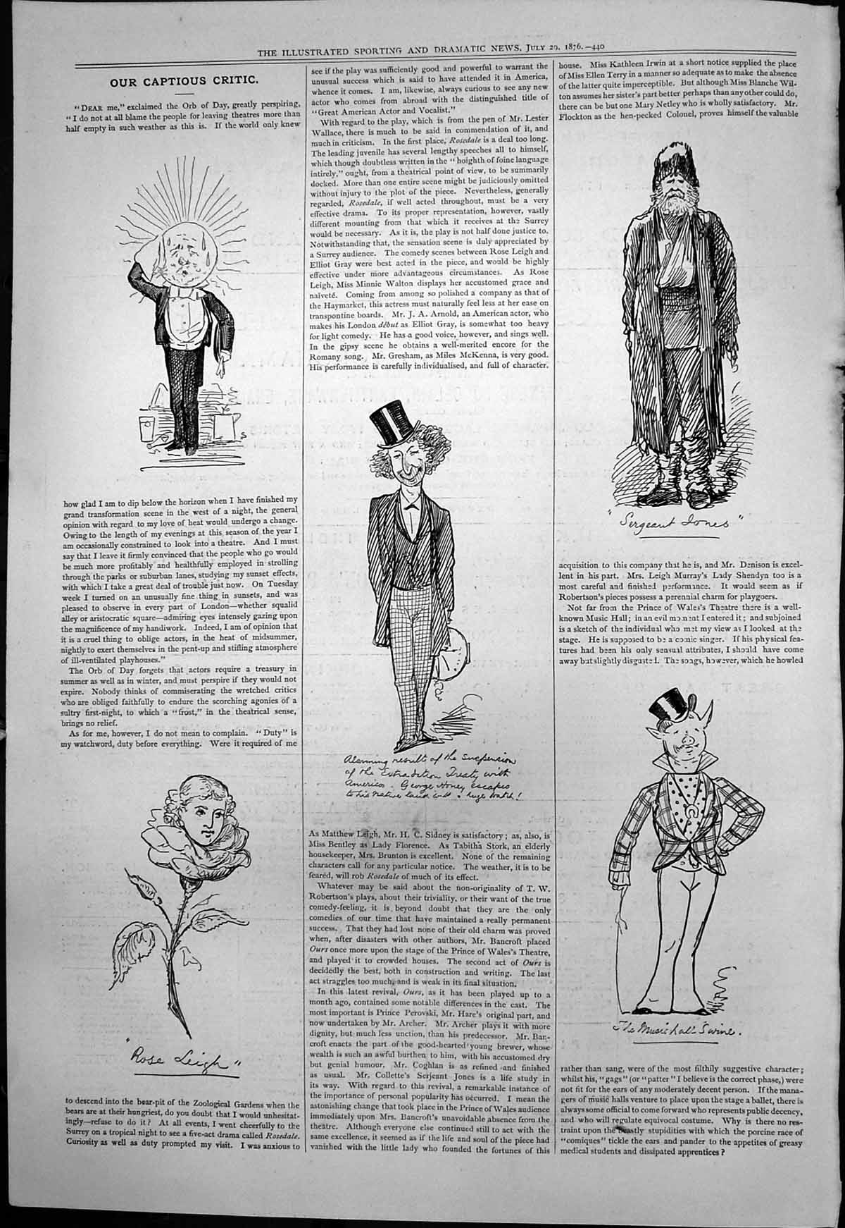 Old Print Captious Critic Rose Leigh Sergeant Jones Music Hall Swine 1876 19th