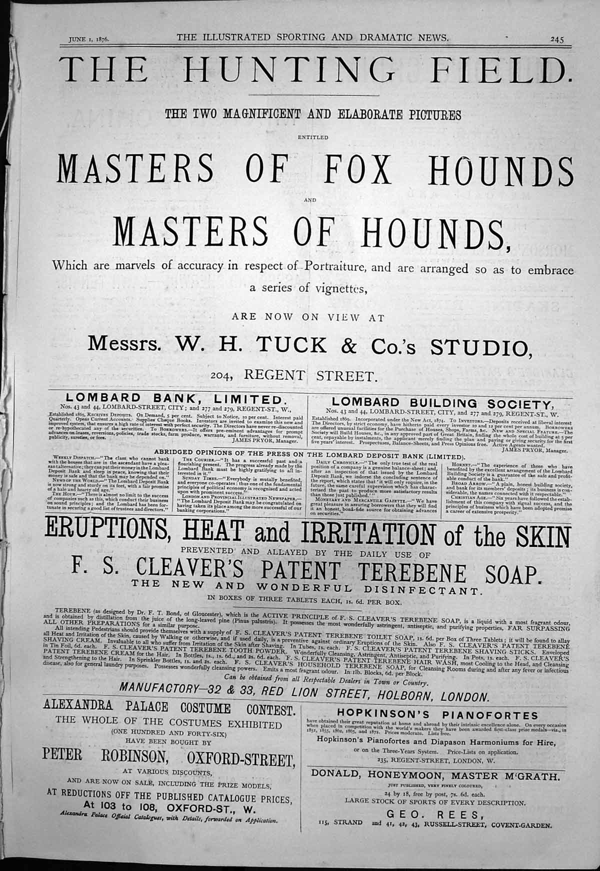 Antique Print Masters Hounds Fox Hounds Tuck Studio Hopkinsons Pianos 1876 19th