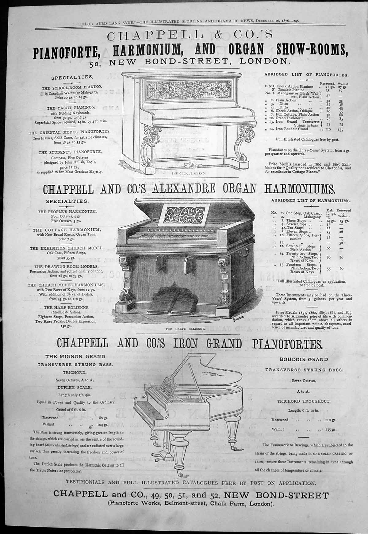 Antique Old Print Chappell Co Pianoforte Harmonium Parisian Glove Depot 1876