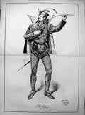 Antique Old Print T Helli M Stretch Man Beard Feather Cap Beard Sword 1876 19th