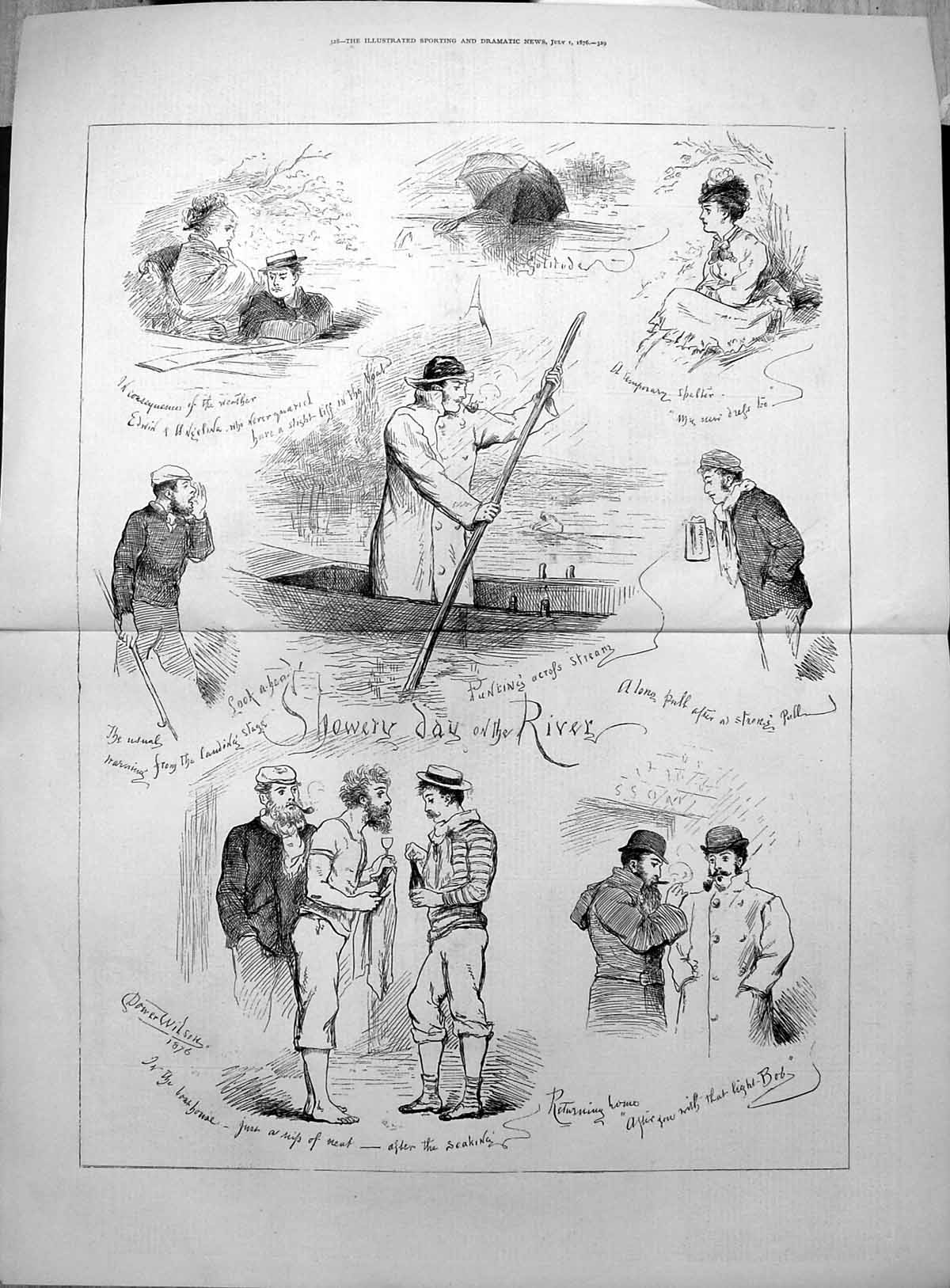 Old Showery Day River Umbrella Punting Across Stream Return Home 1876 Victorian