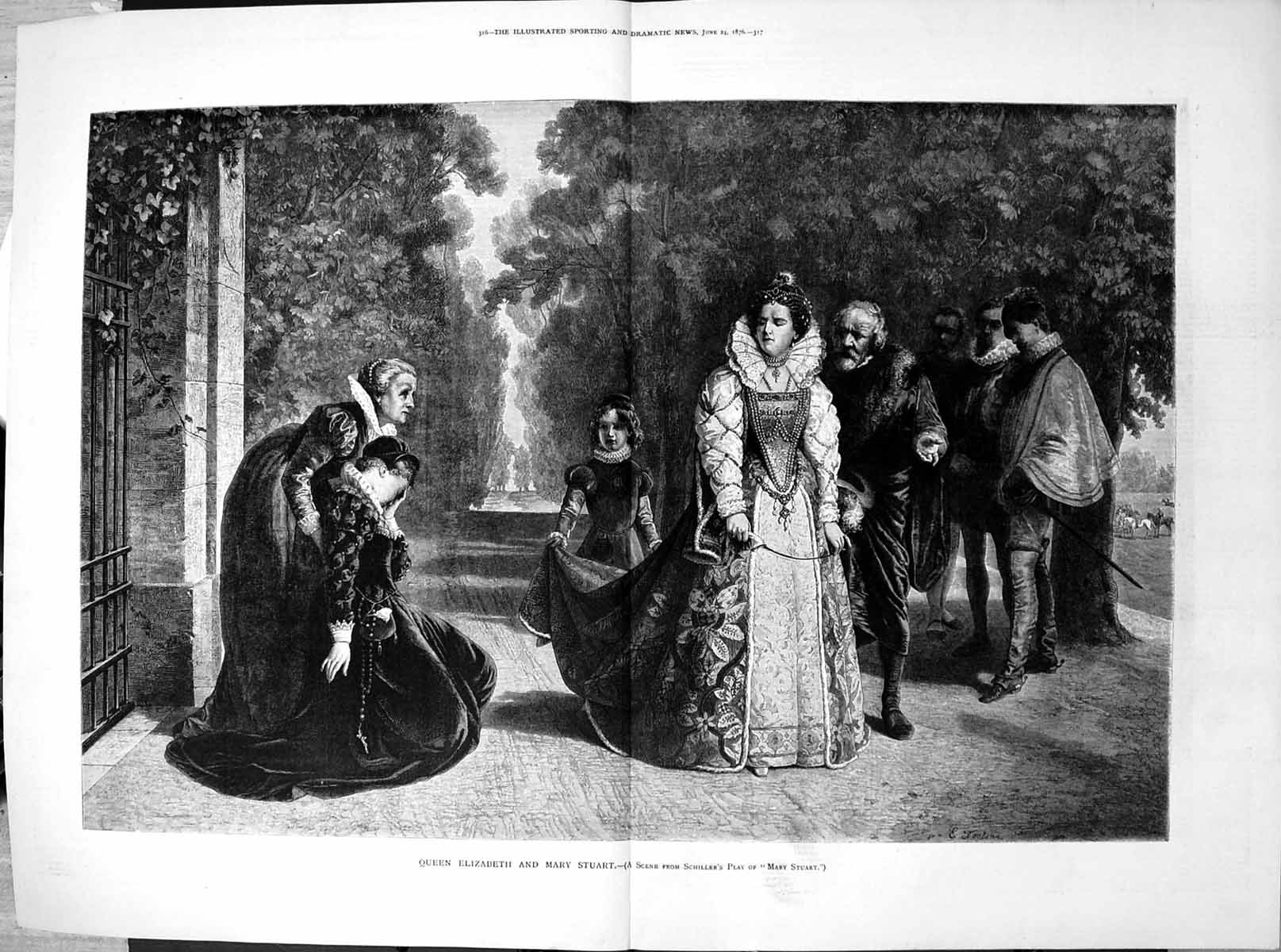 Old Antique Print Queen Elizabeth Mary Stuart Scene Schillers Play 1876 19th